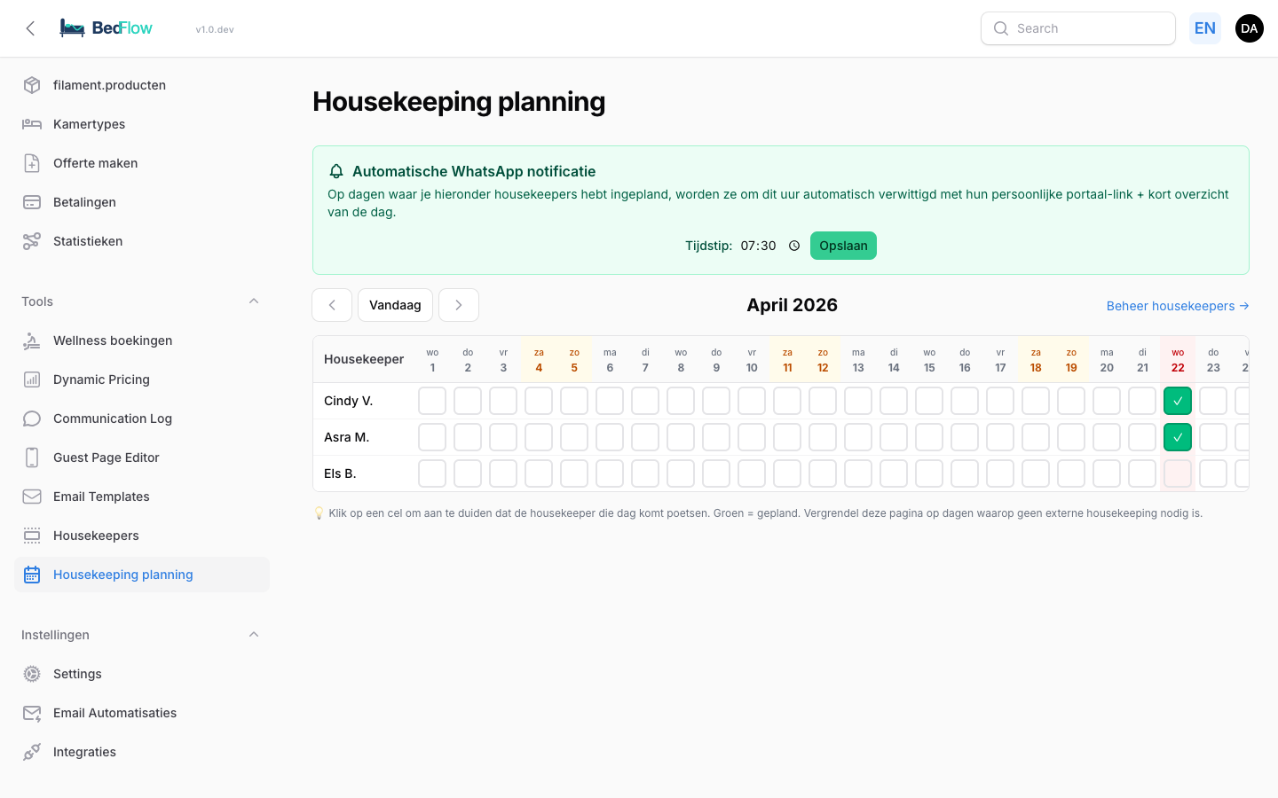 Housekeeper portaal — wat ziet de cleaner?