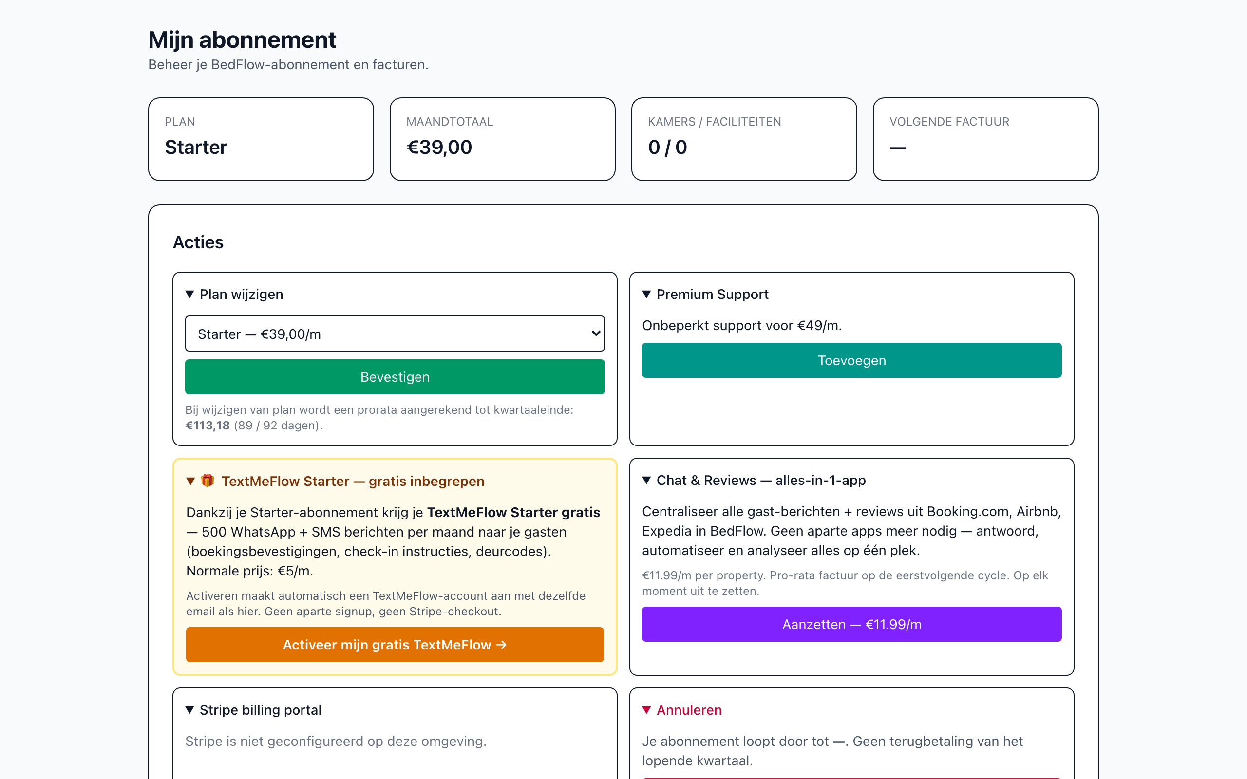 De pagina Mijn abonnement met plan, maandtotaal en acties