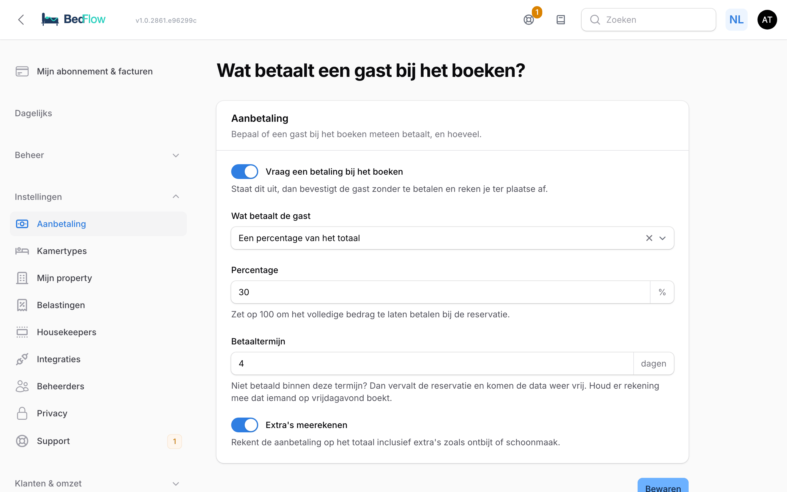 De pagina Aanbetaling met de schakelaar, de keuze wat de gast betaalt en de betaaltermijn