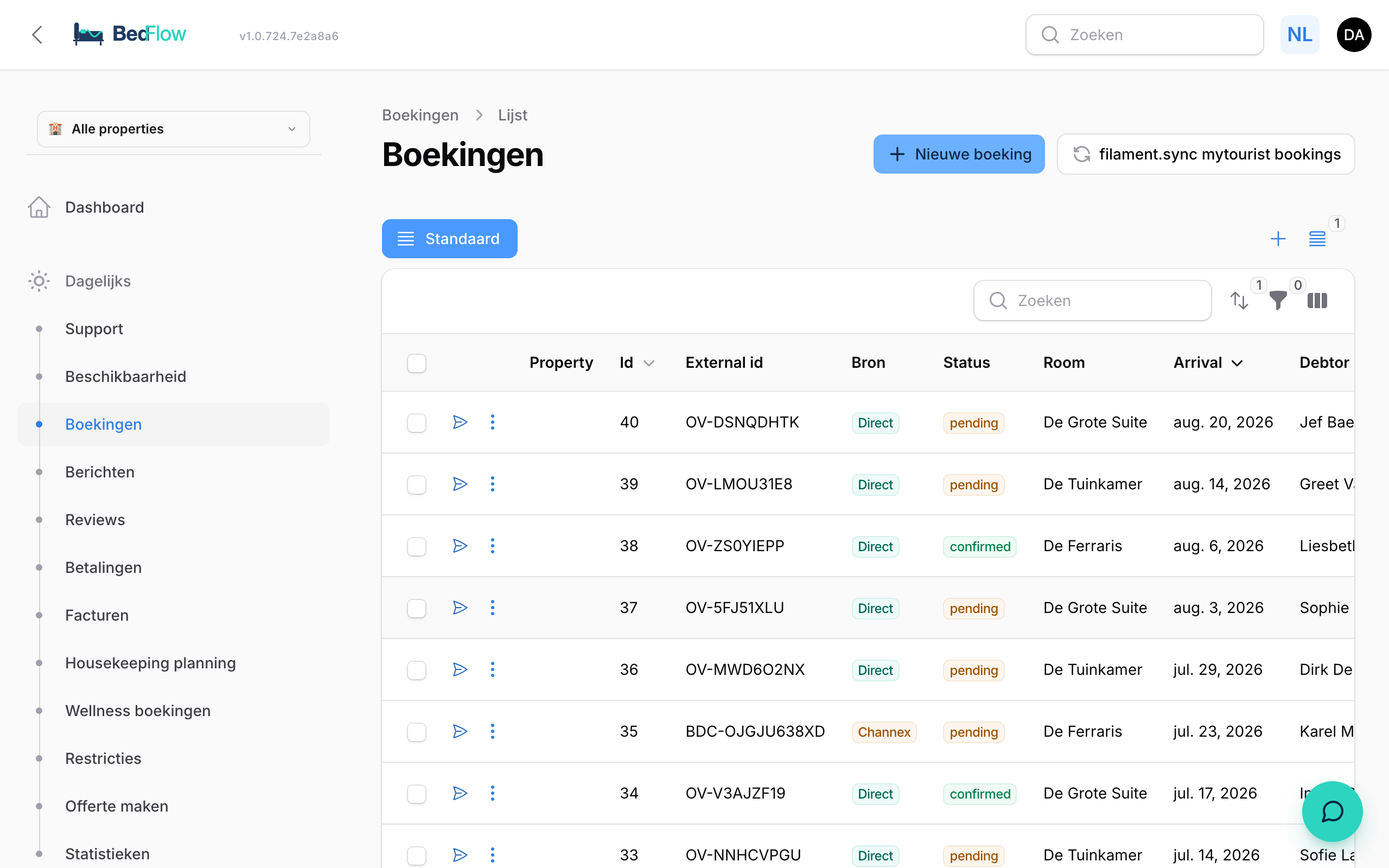 Boekingen-lijst met snelle filters en zoekfunctie