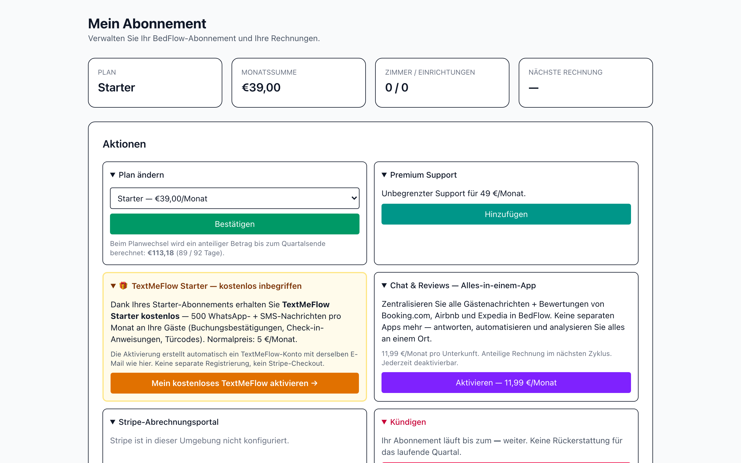 Die Seite Mein Abonnement mit Plan, Monatssumme und Aktionen