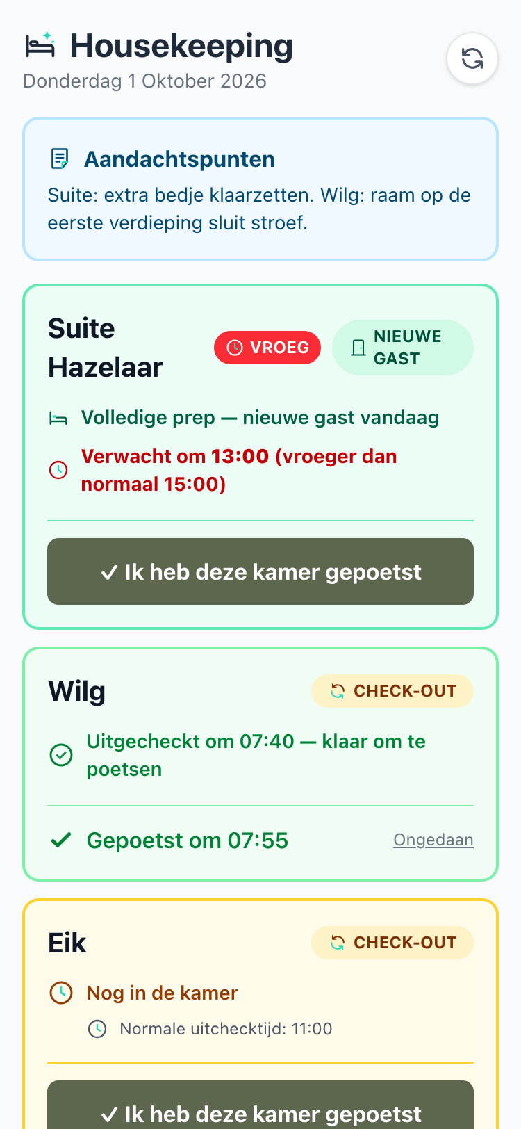 Das Reinigungskraft-Portal auf einem Smartphone, mit einer Karte pro Zimmer