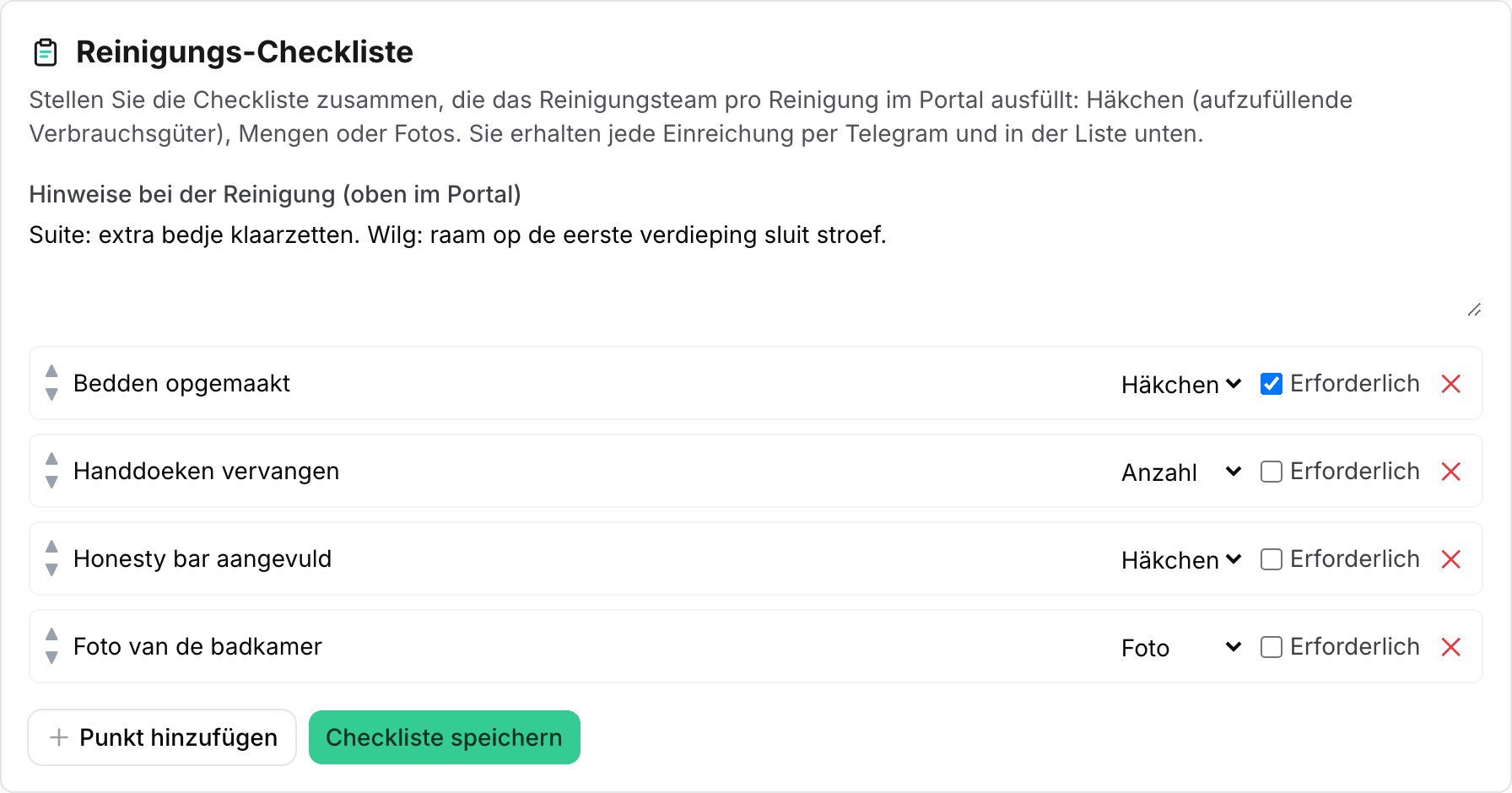 Der Block Reinigungs-Checkliste mit Punkten vom Typ Häkchen, Anzahl und Foto