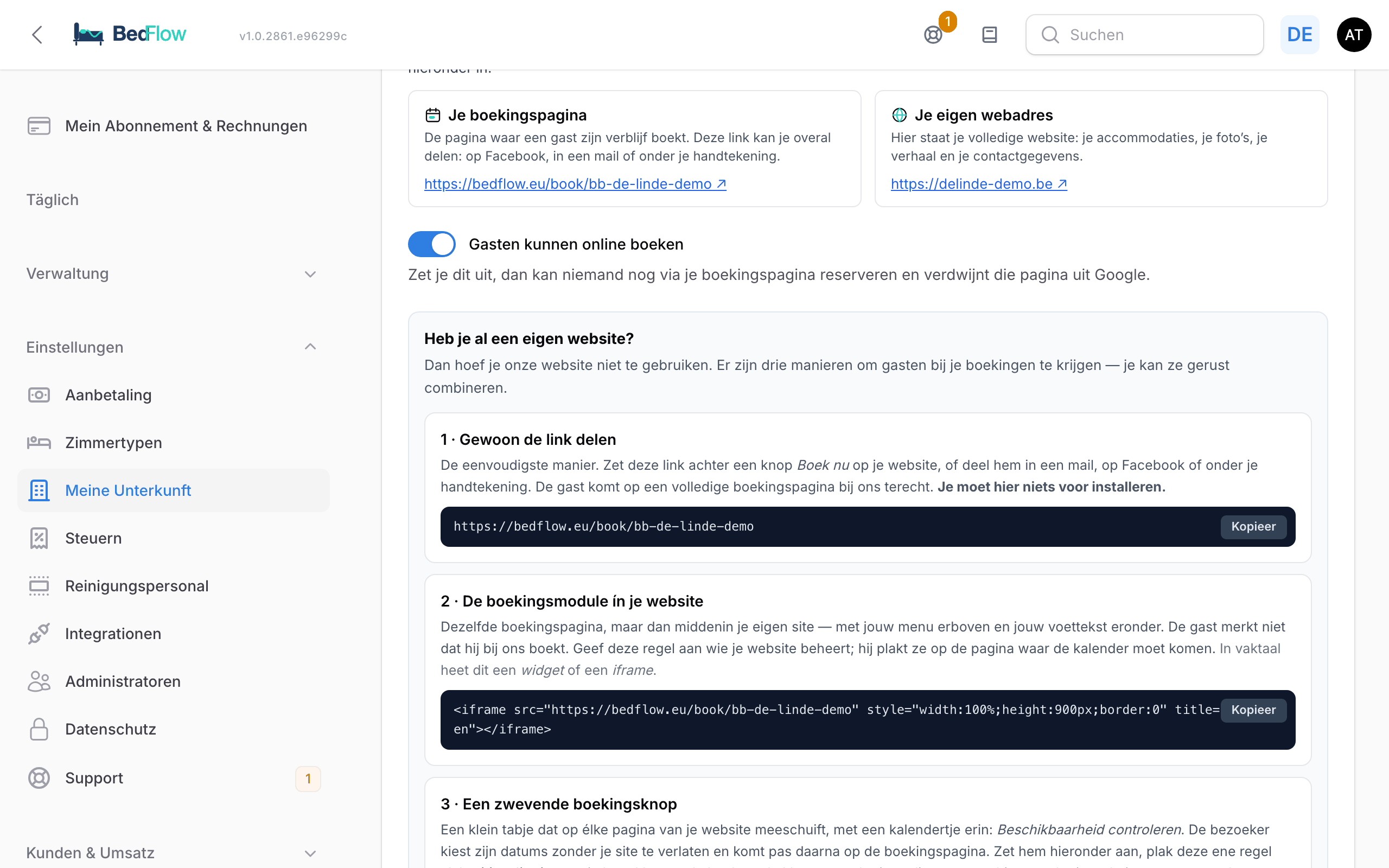 Der Abschnitt Website & Buchungsseite mit den DNS-Einträgen und der Checkliste
