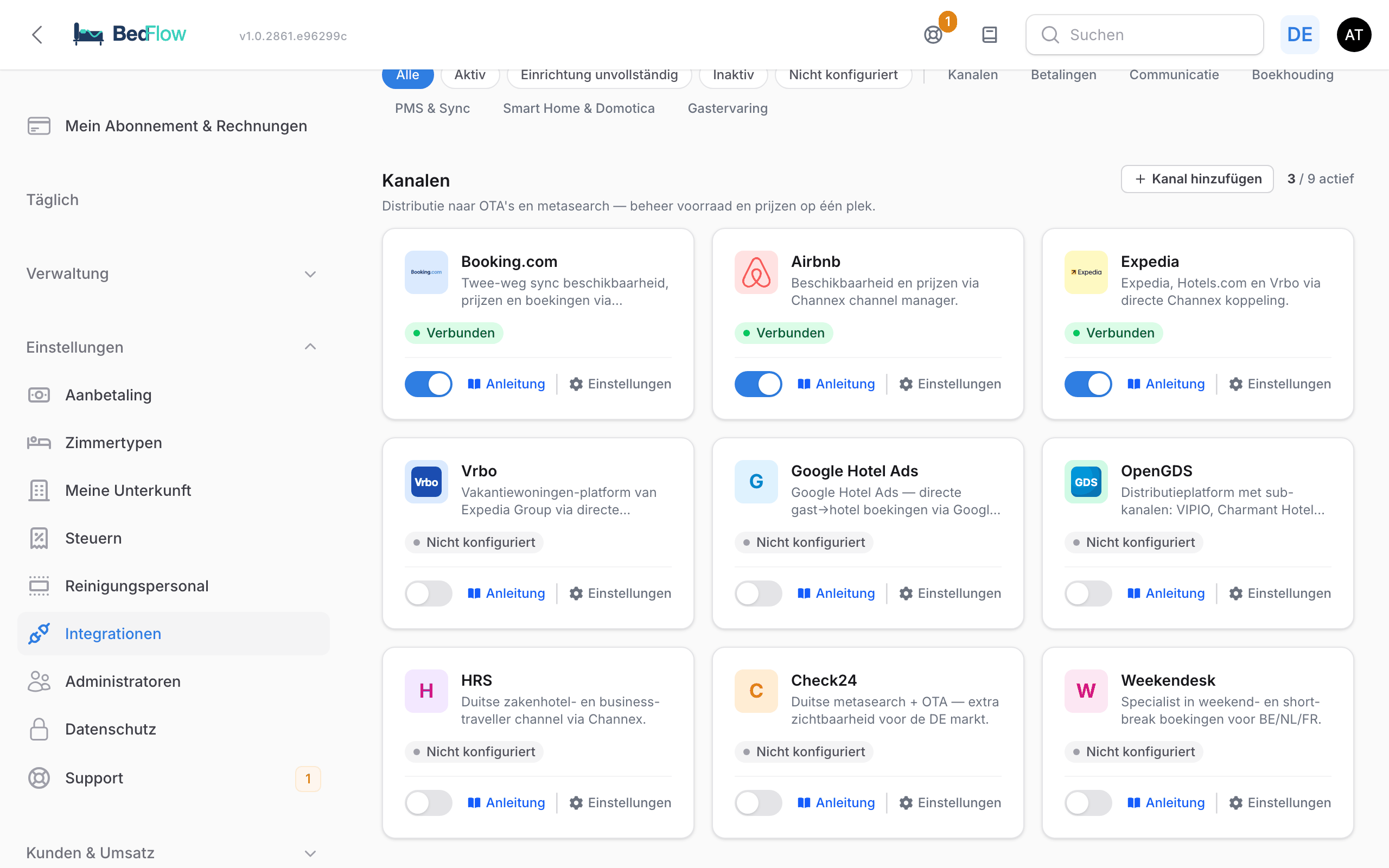 Die Google-Kachel auf der Seite Integrationen