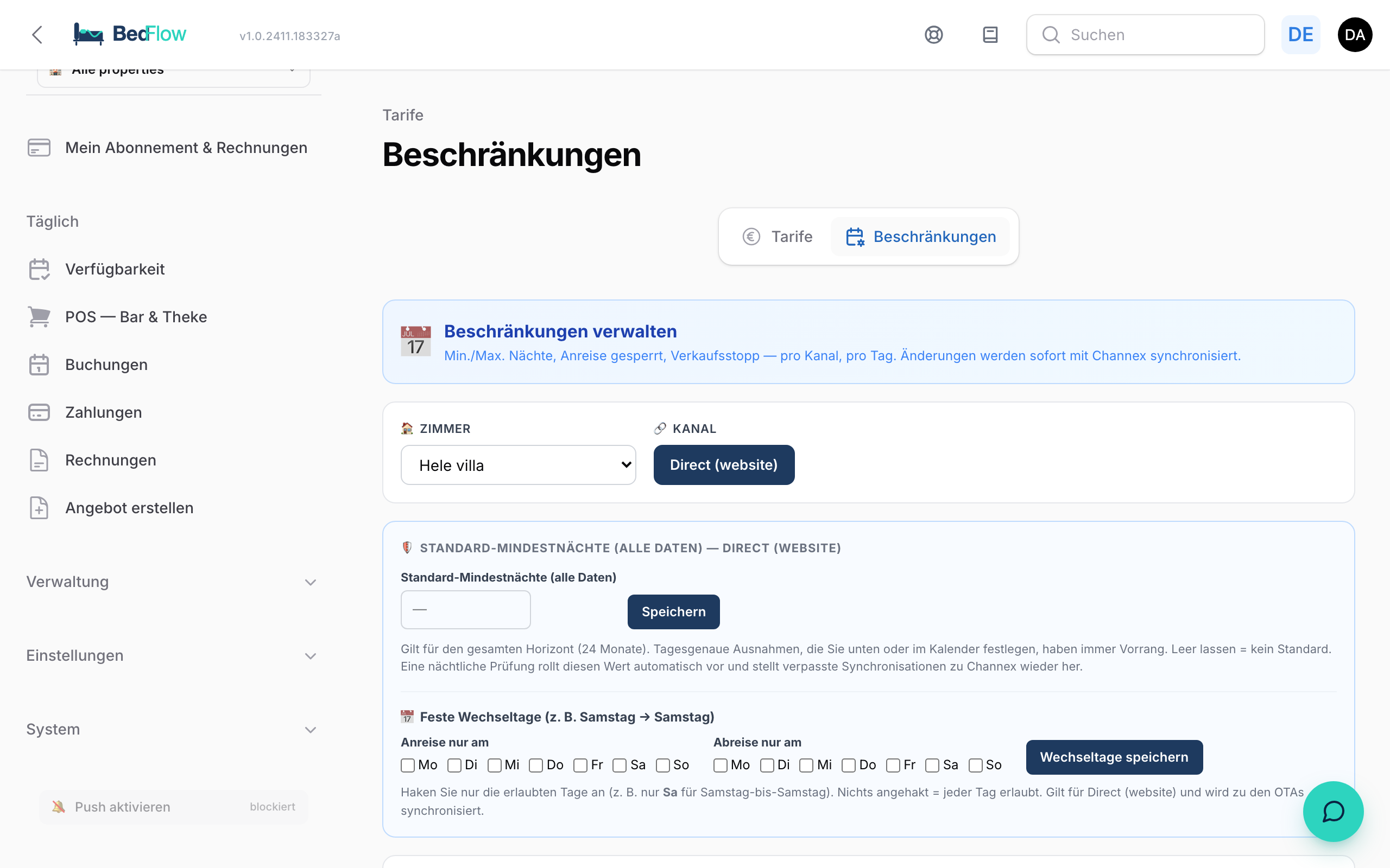 Der Block Feste Wechseltage auf der Restriktionen-Seite