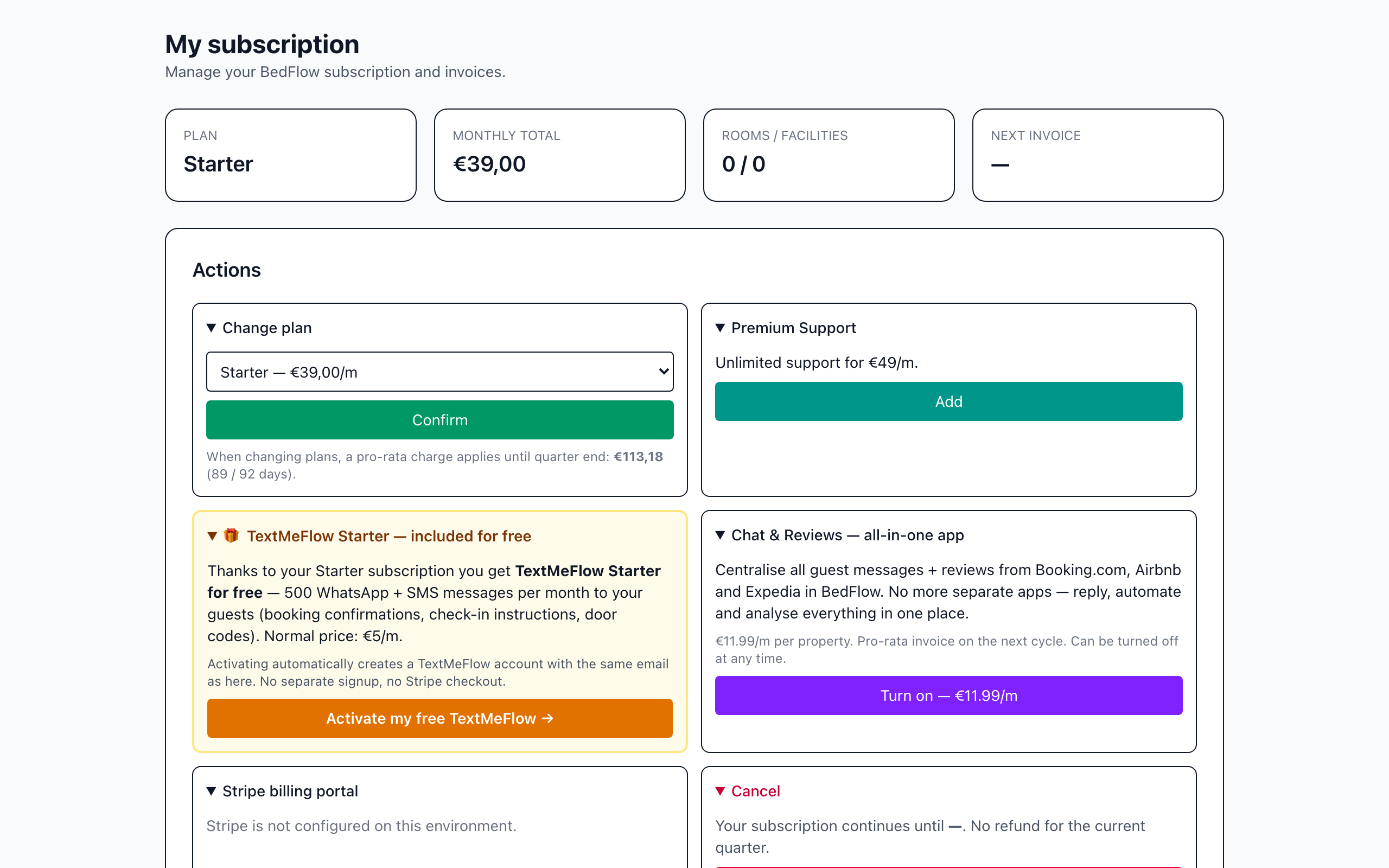 The My subscription page with plan, monthly total and actions