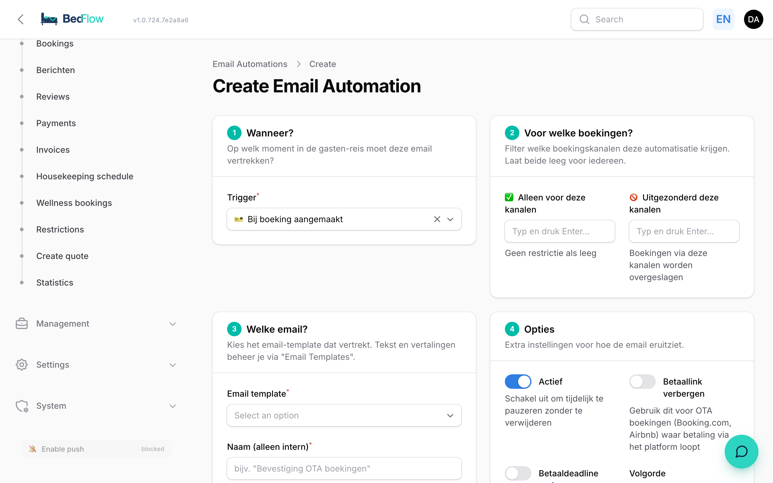Creating a new automation — trigger, audience, template