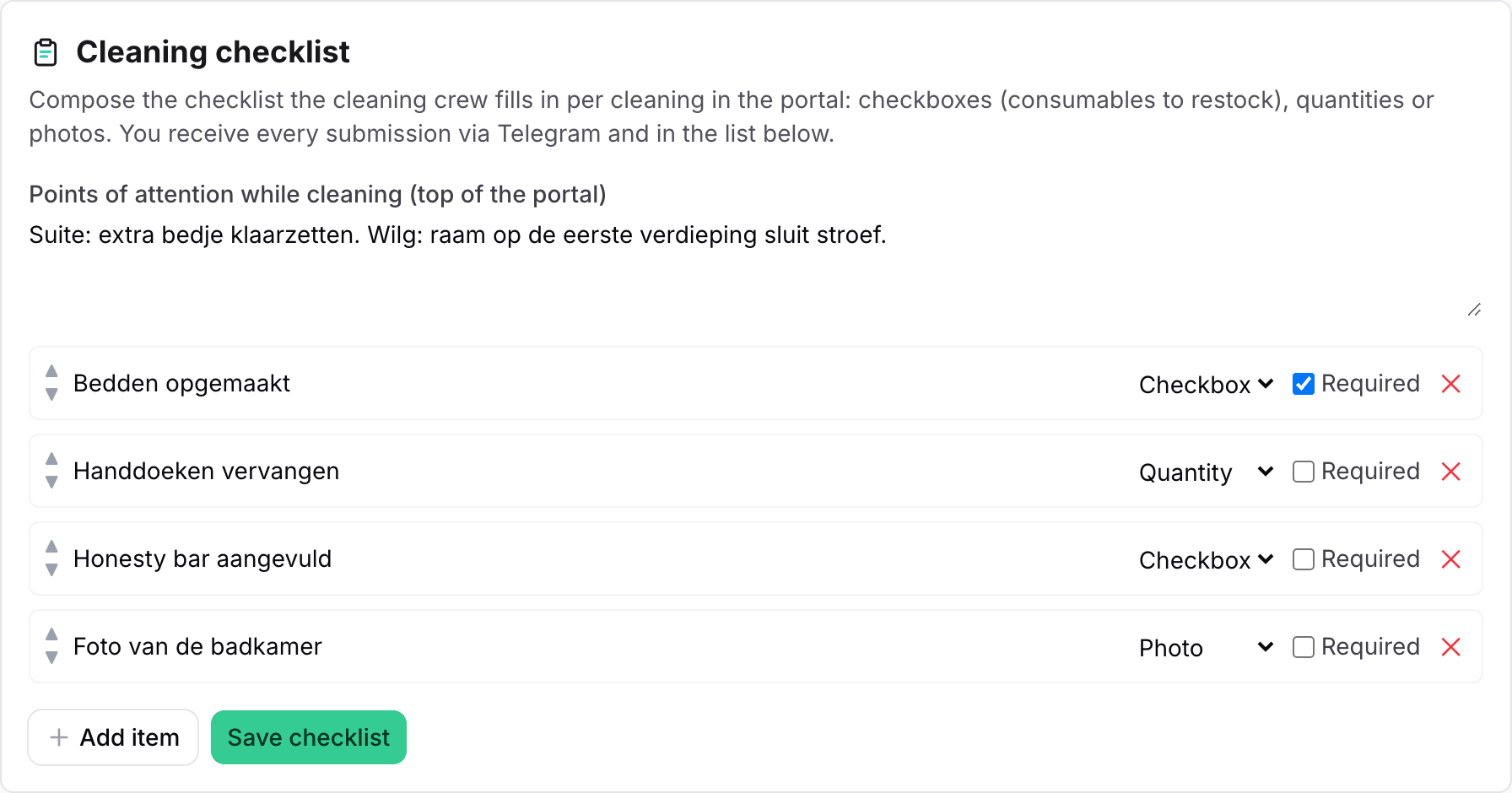 The Cleaning checklist block with items of the type Checkbox, Quantity and Photo