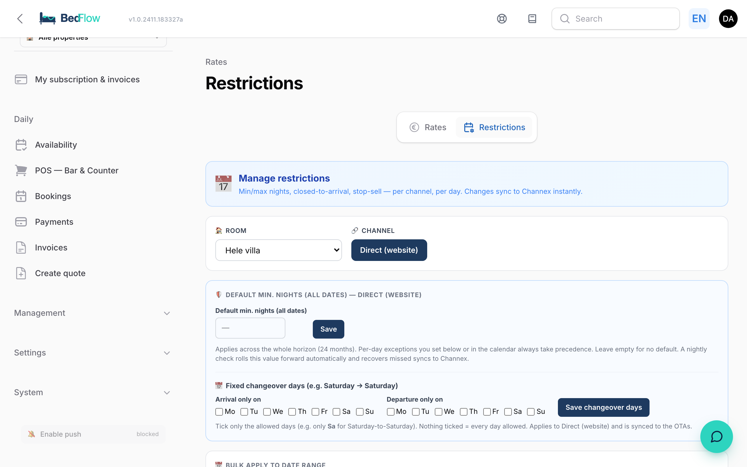The fixed turnover days block on the Restrictions page
