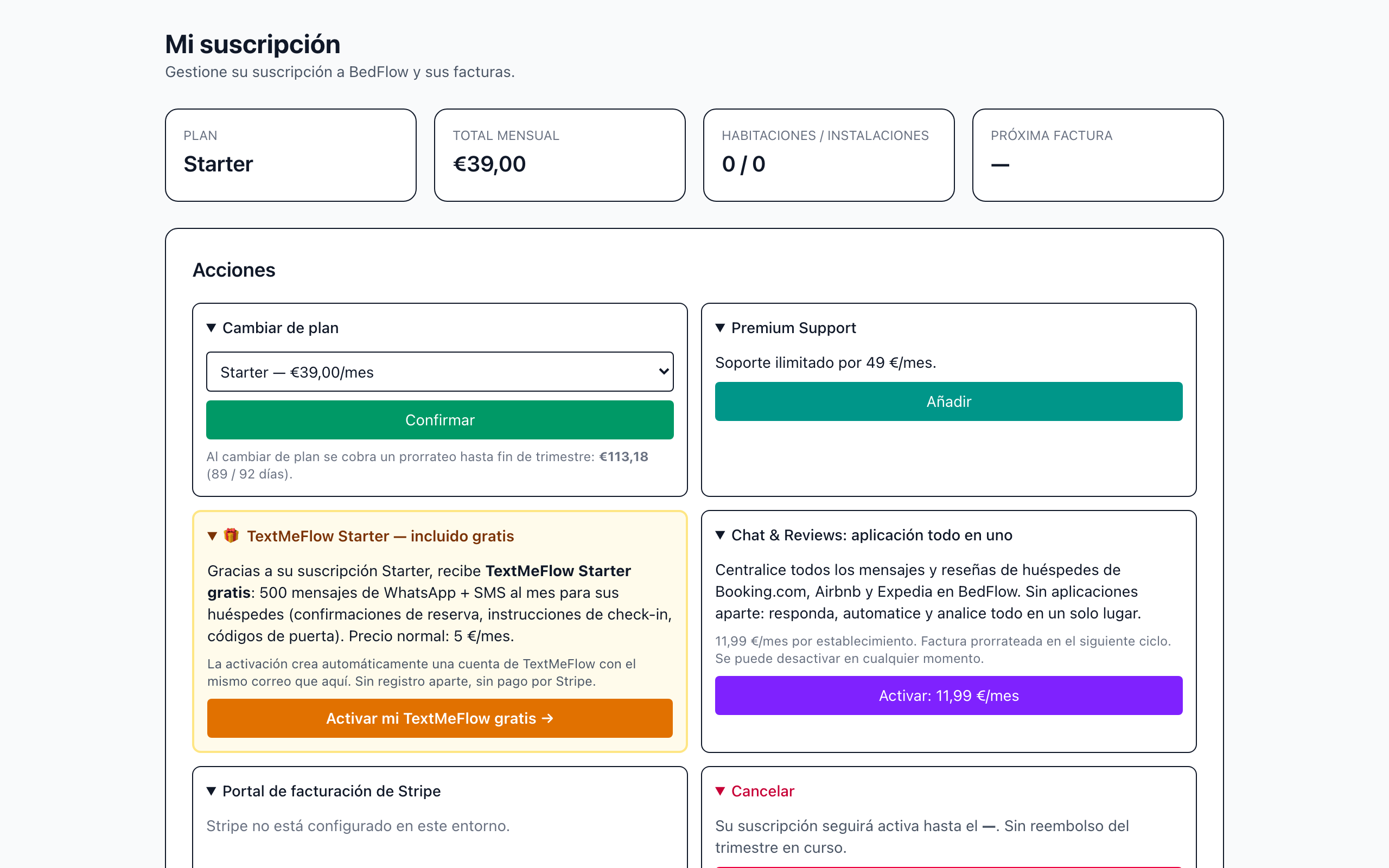 La página Mi suscripción con el plan, el total mensual y las acciones