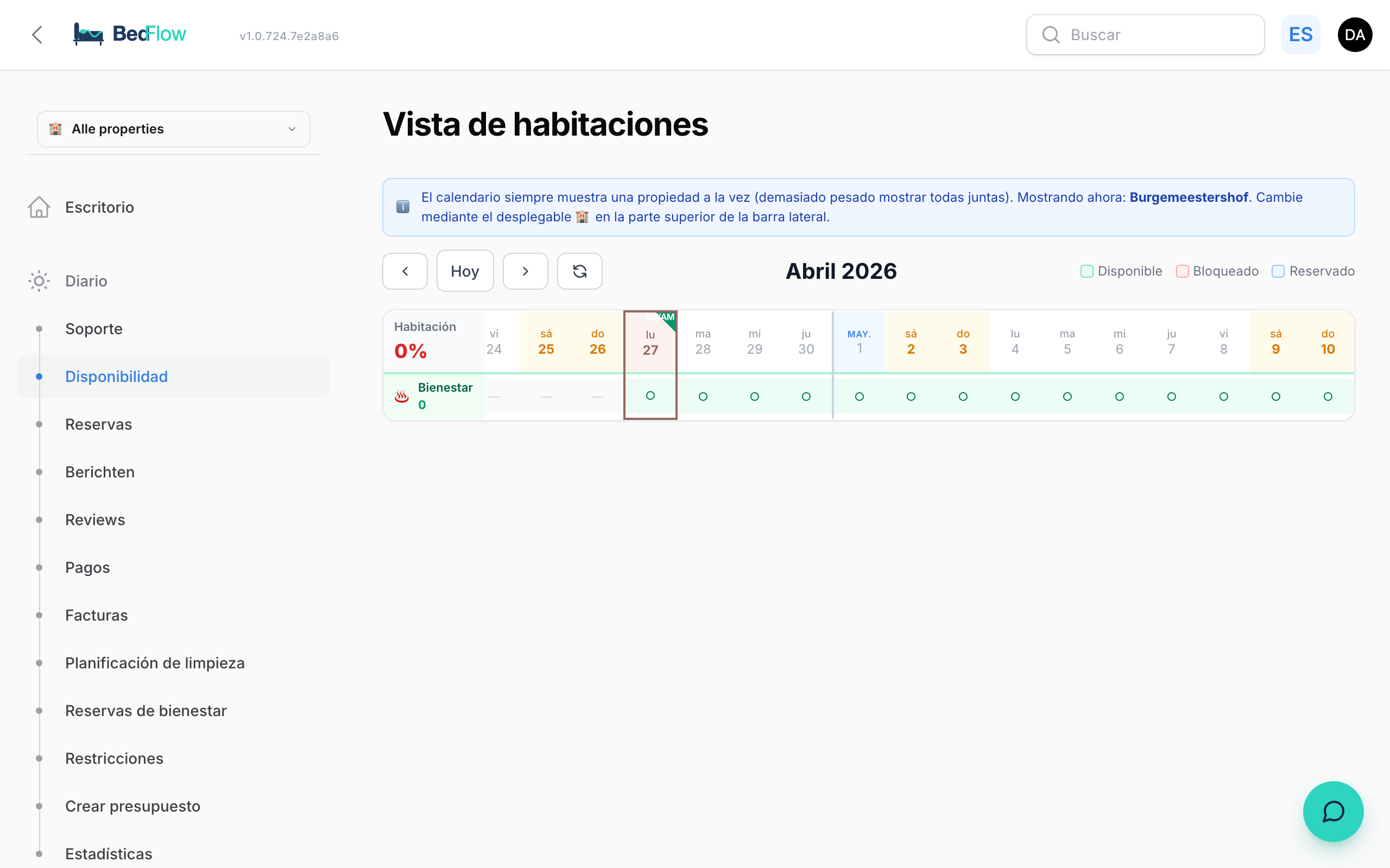Disponibilidad de habitaciones — bloqueos masivos