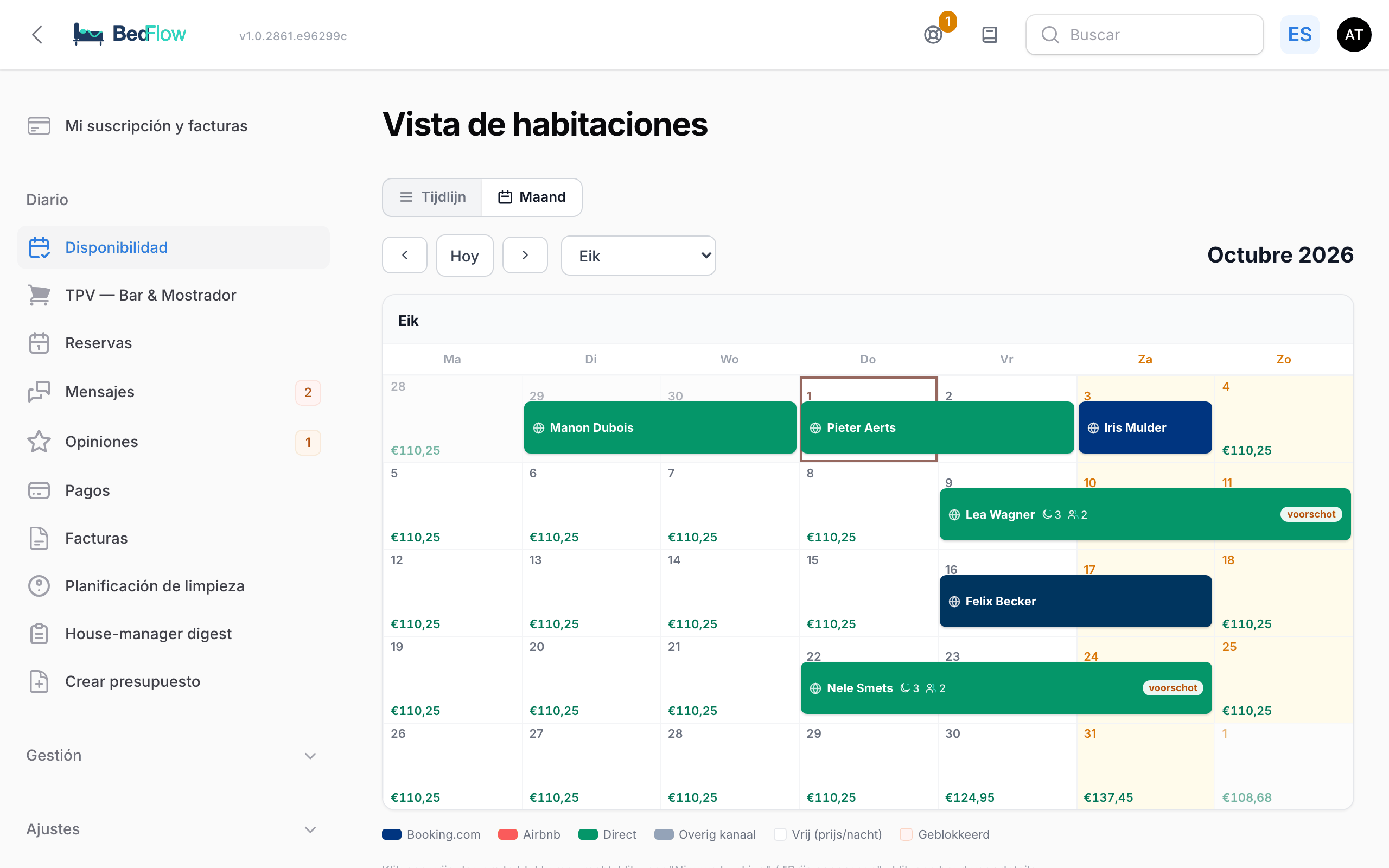 La vista de habitaciones en la vista mensual con una banda por reserva