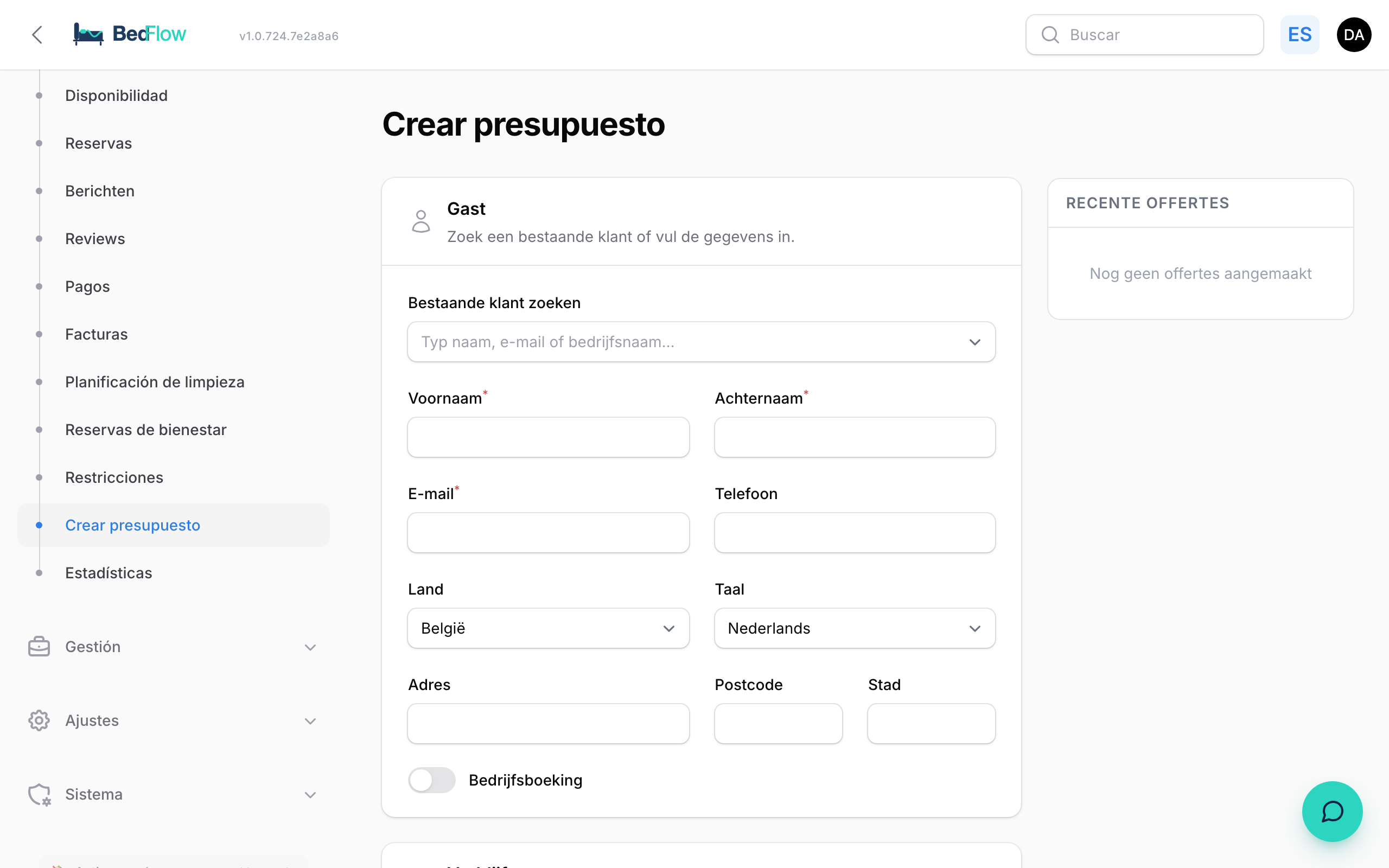 Crear un presupuesto (para reservas personalizadas)