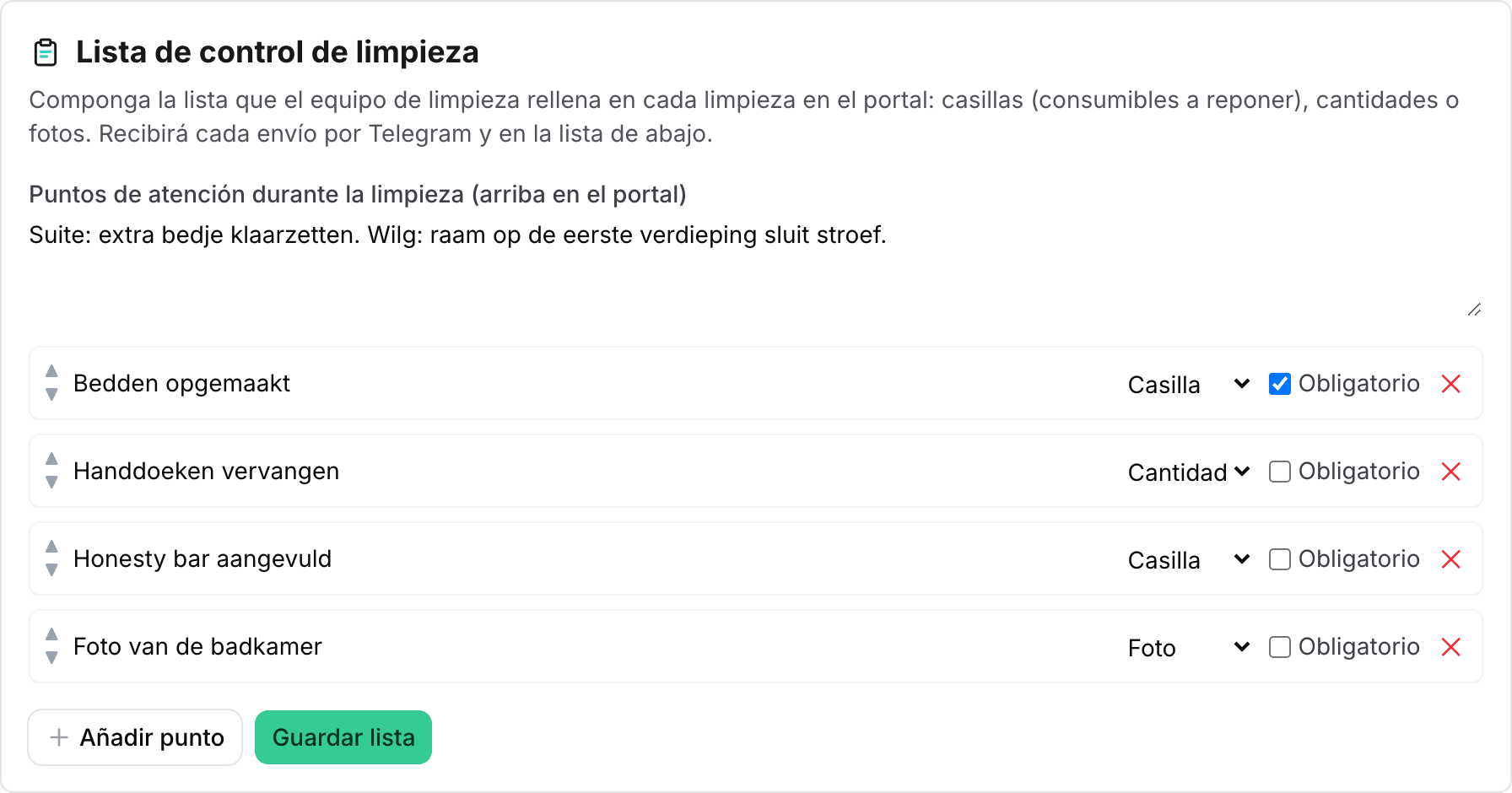 El bloque Lista de control de limpieza con puntos de tipo Casilla, Cantidad y Foto