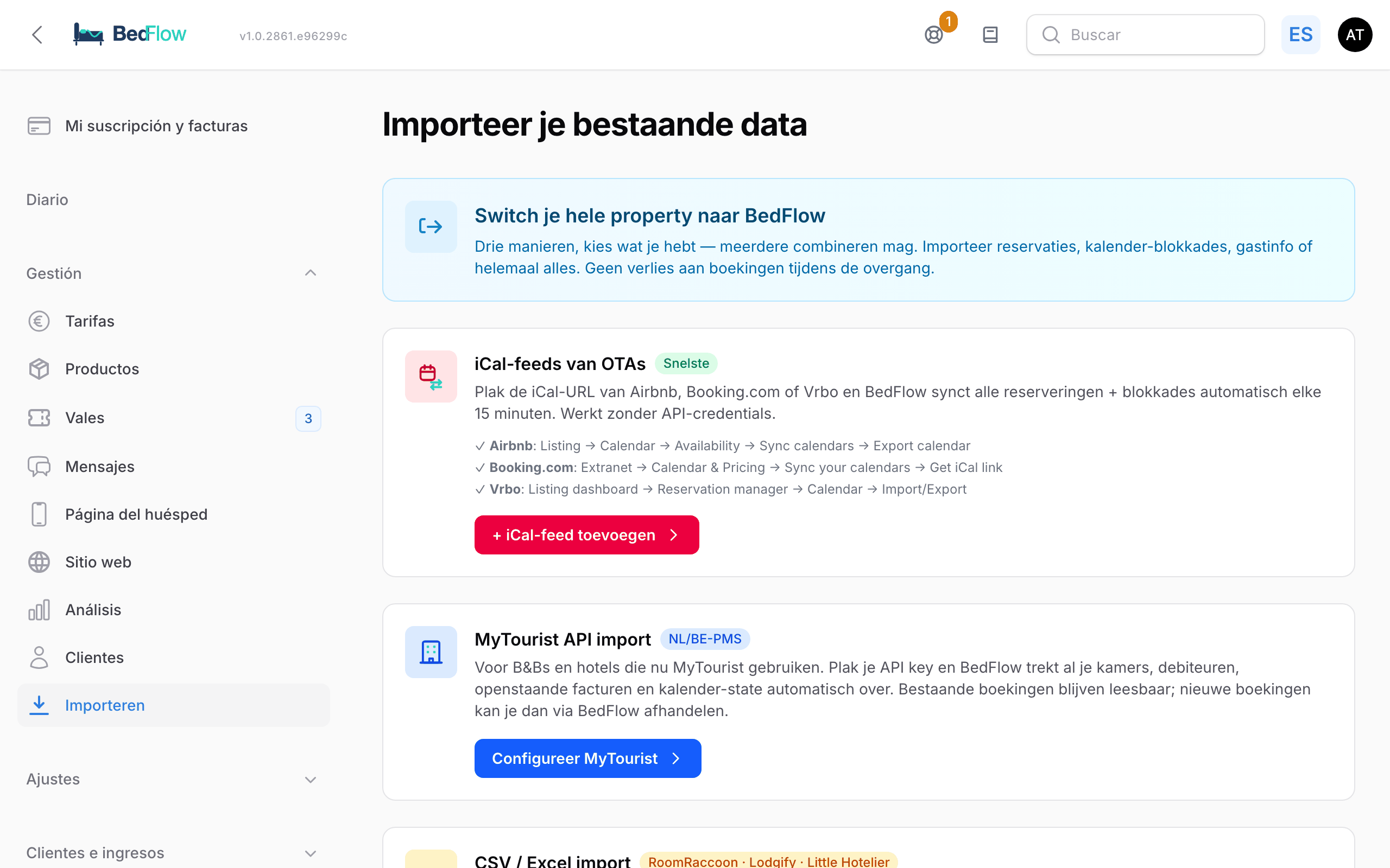 La página Importe sus datos existentes con cuatro mosaicos