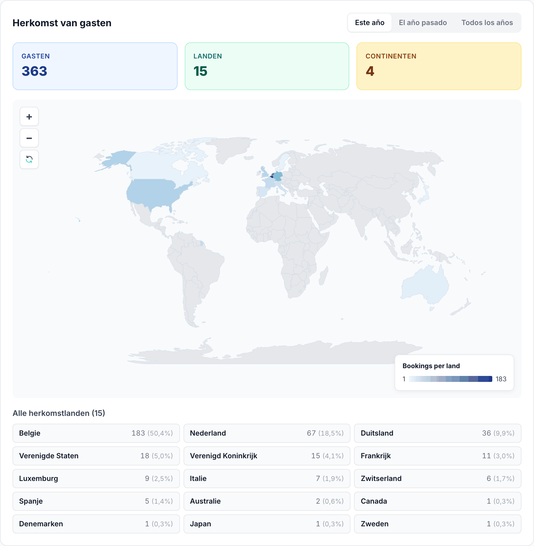 Mapa del mundo con el número de reservas por país y la lista de países