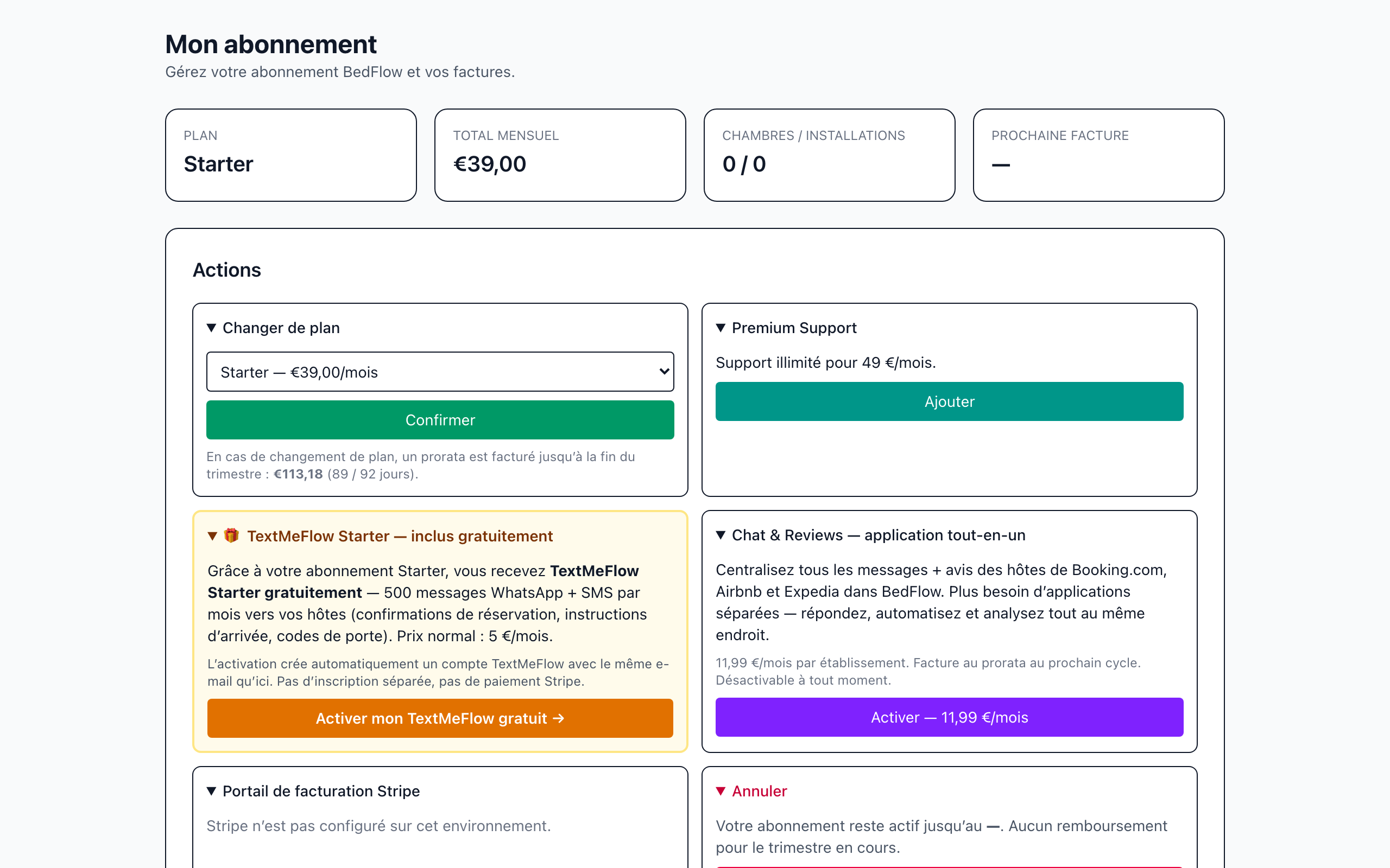 La page Mon abonnement avec le plan, le total mensuel et les actions