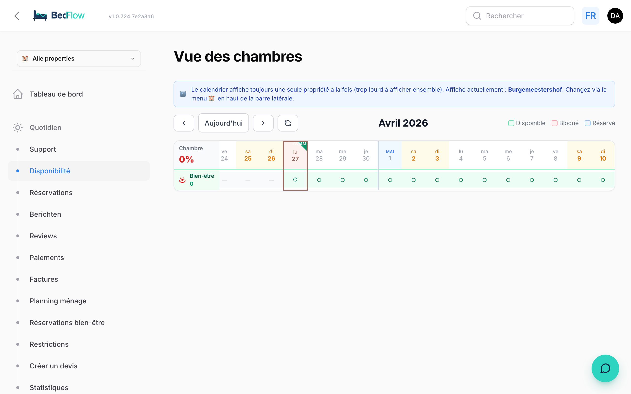 Disponibilité des chambres — blocages en masse