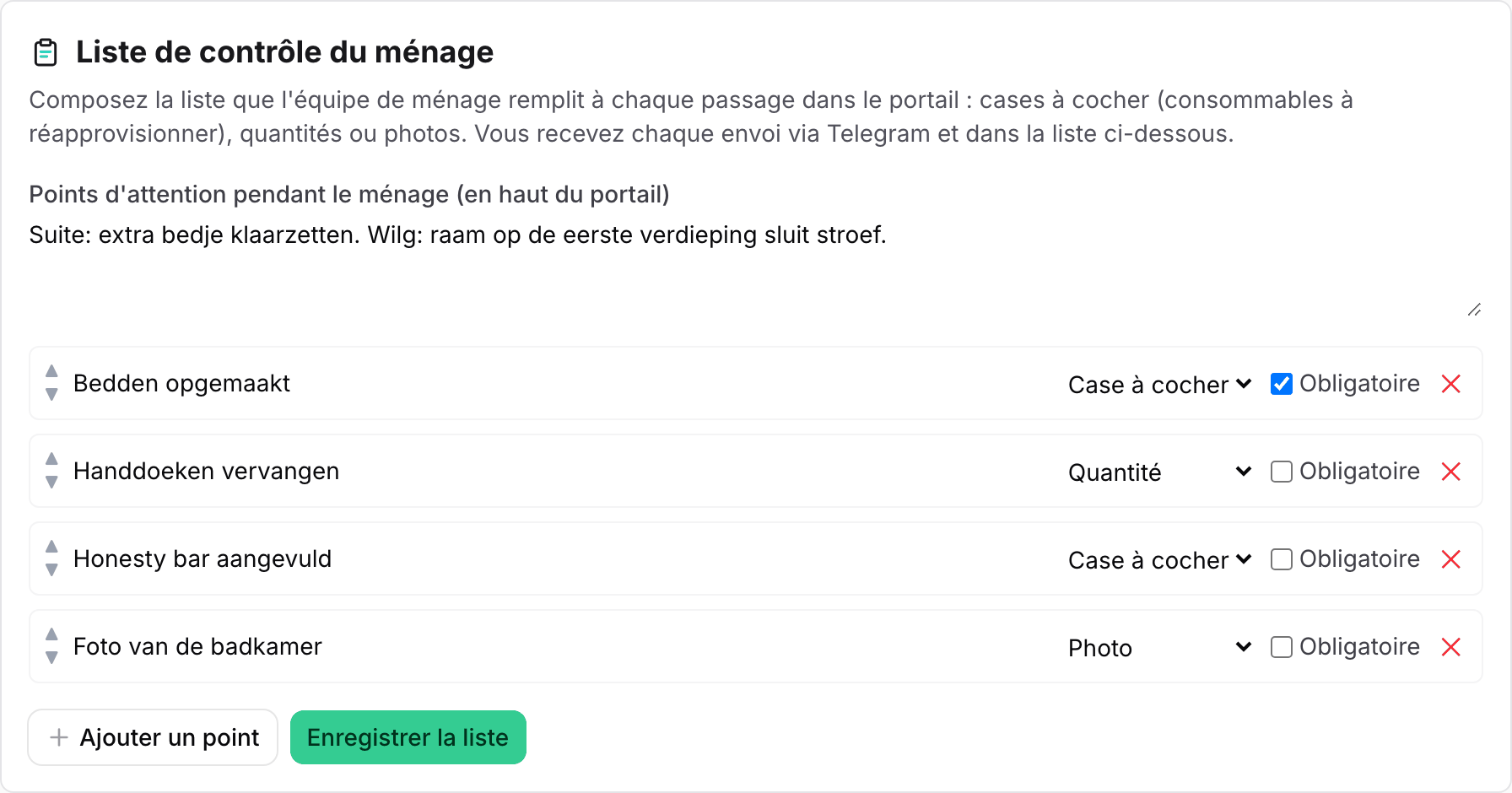 Le bloc Liste de contrôle du ménage avec des points de type Case à cocher, Quantité et Photo