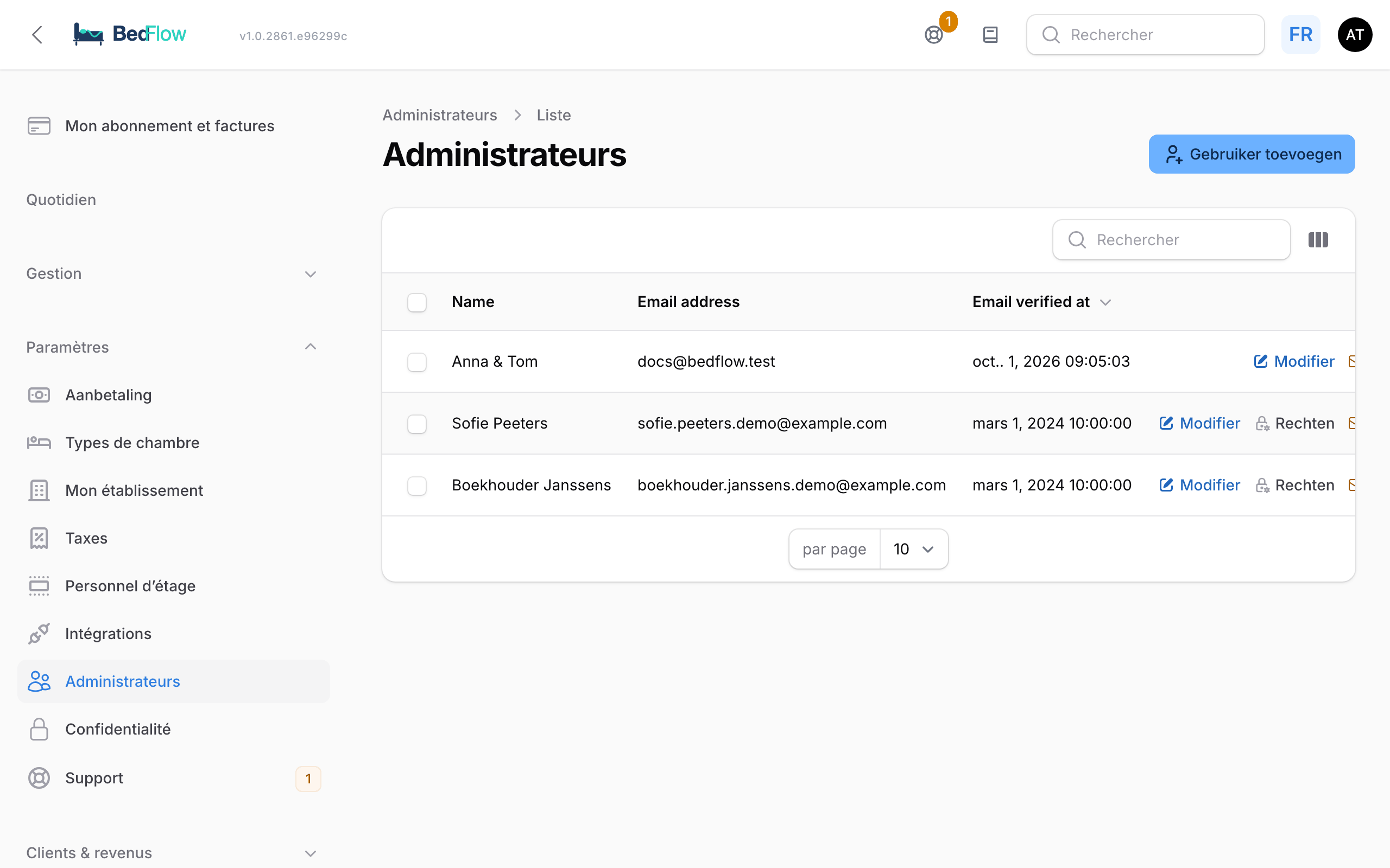 La liste des administrateurs, avec le bouton Droits pour chaque utilisateur