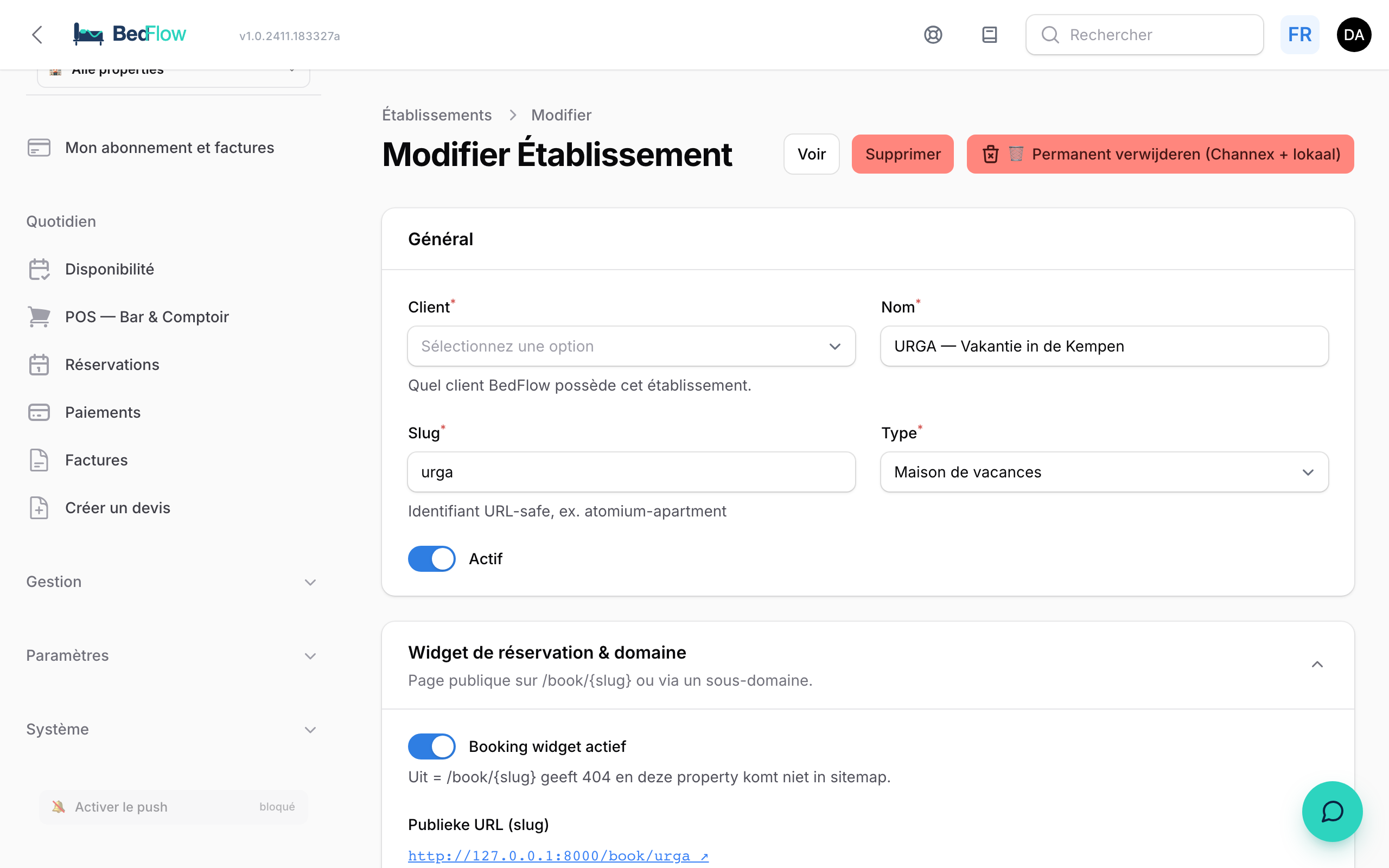 Le formulaire de l'établissement avec Type = Maison de vacances