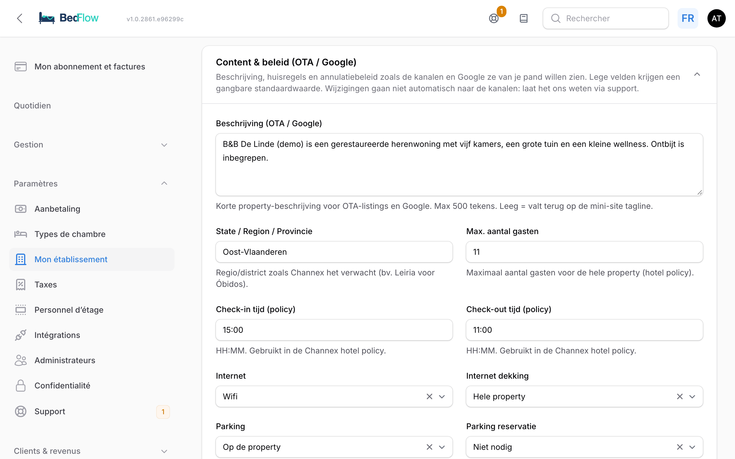 La section Contenu & règles (OTA / Google) de Mon établissement
