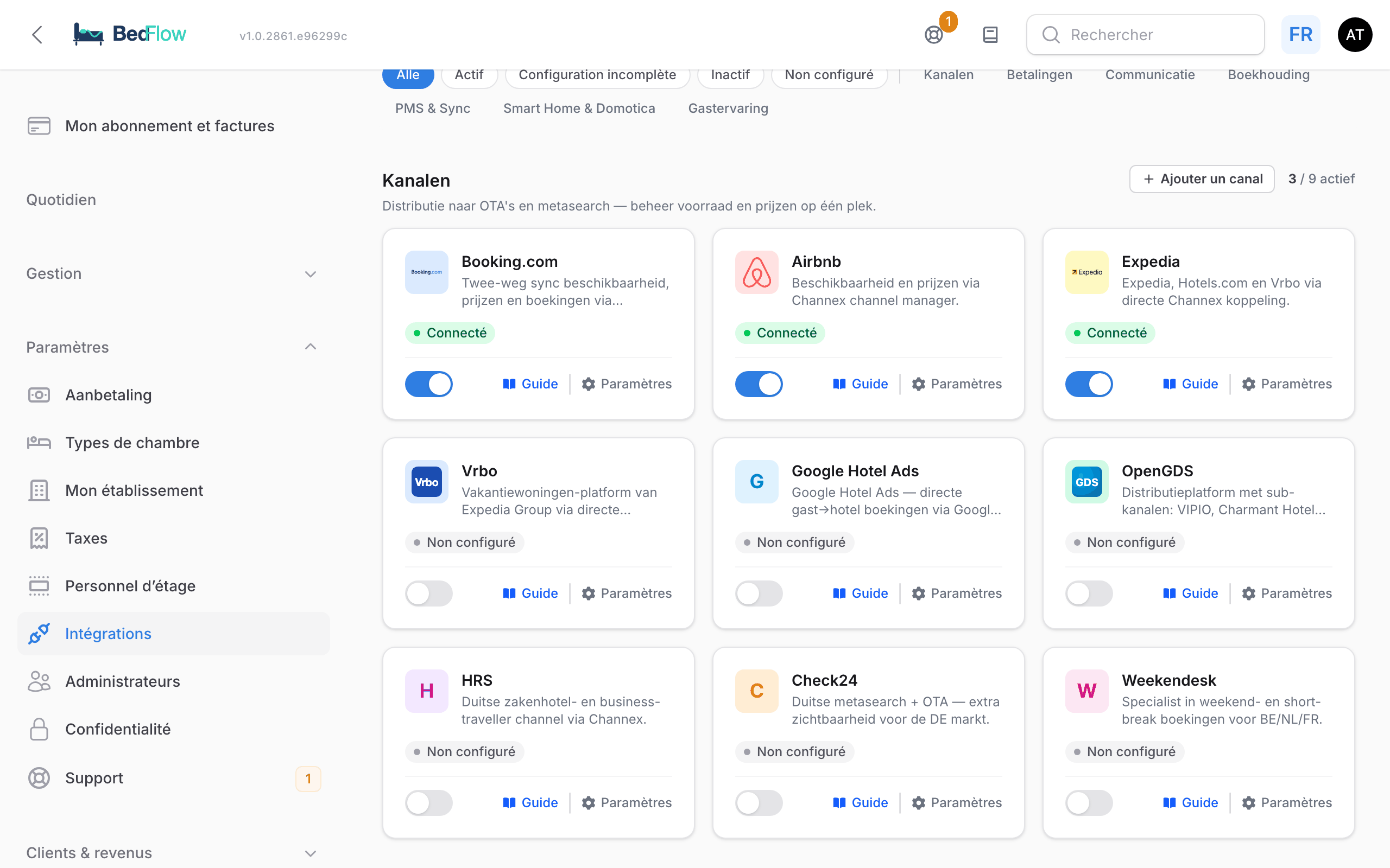 La tuile Google sur la page Intégrations