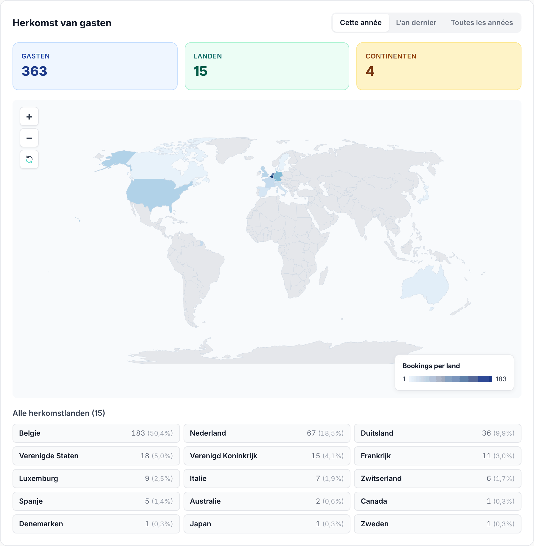 Carte du monde avec le nombre de réservations par pays et la liste des pays