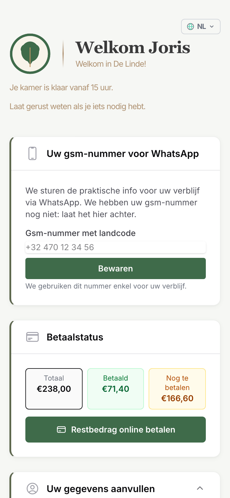 De gastenpagina op een telefoon, voor aankomst