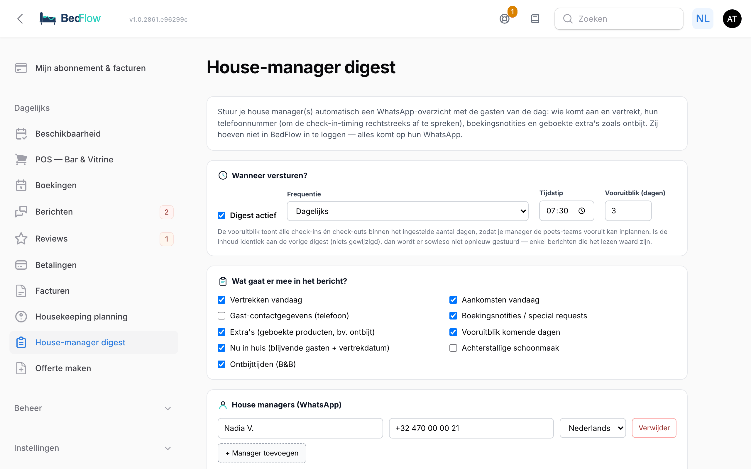 De pagina House-manager digest met tijdstip, secties en managers