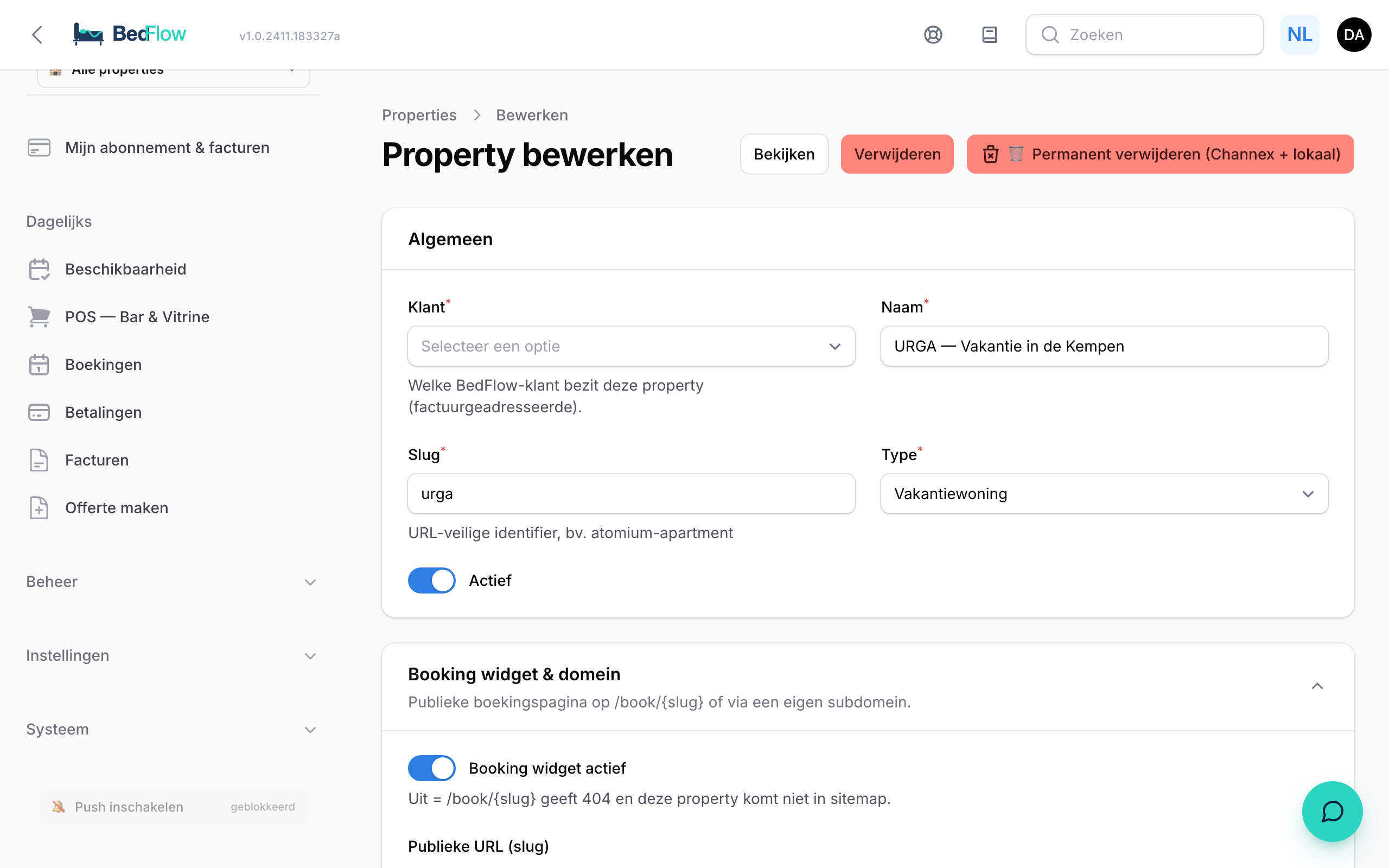 Het property-formulier met Type = Vakantiewoning