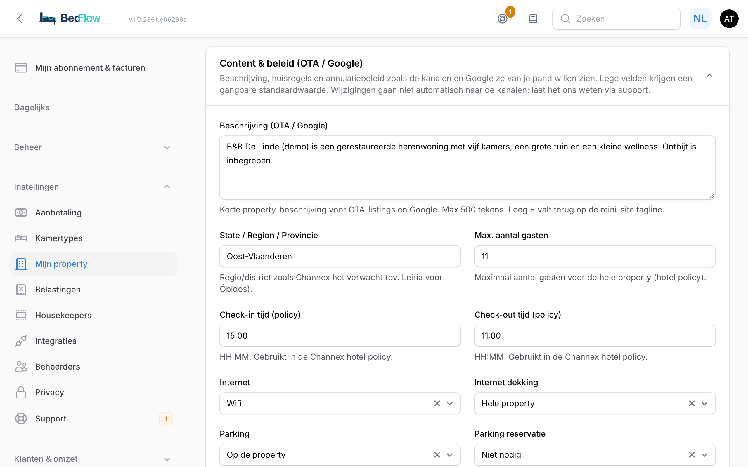 De sectie Content & beleid (OTA / Google) op Mijn property