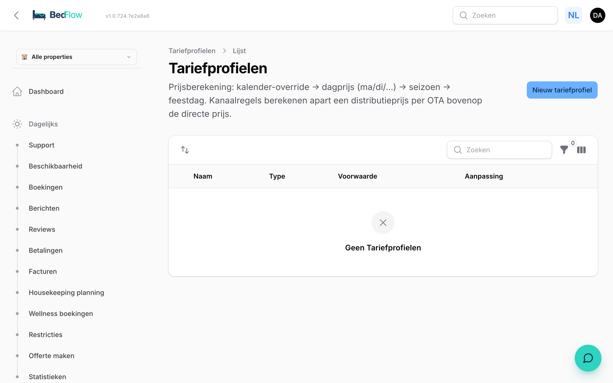 Lijst van tariefregels — seizoenen, feestdagen, kanaalmarkups