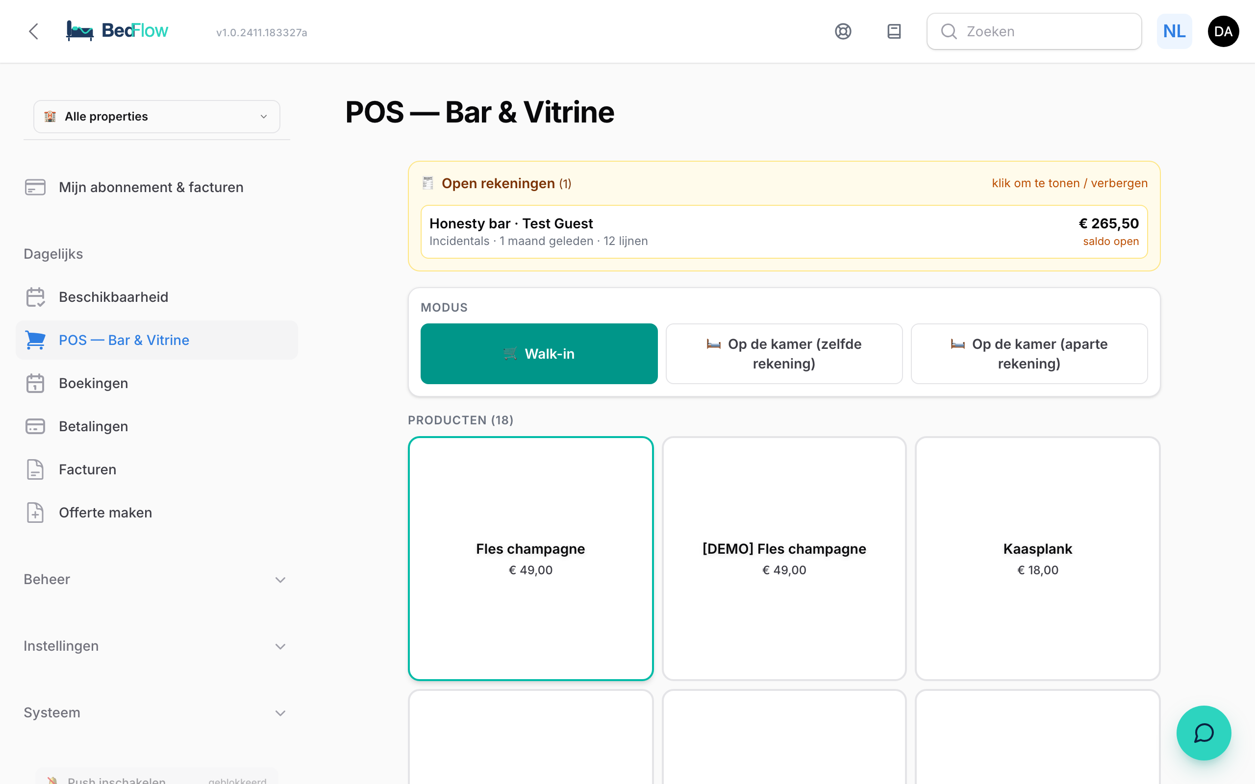 De POS-pagina met open rekeningen, modus-keuze en productgrid