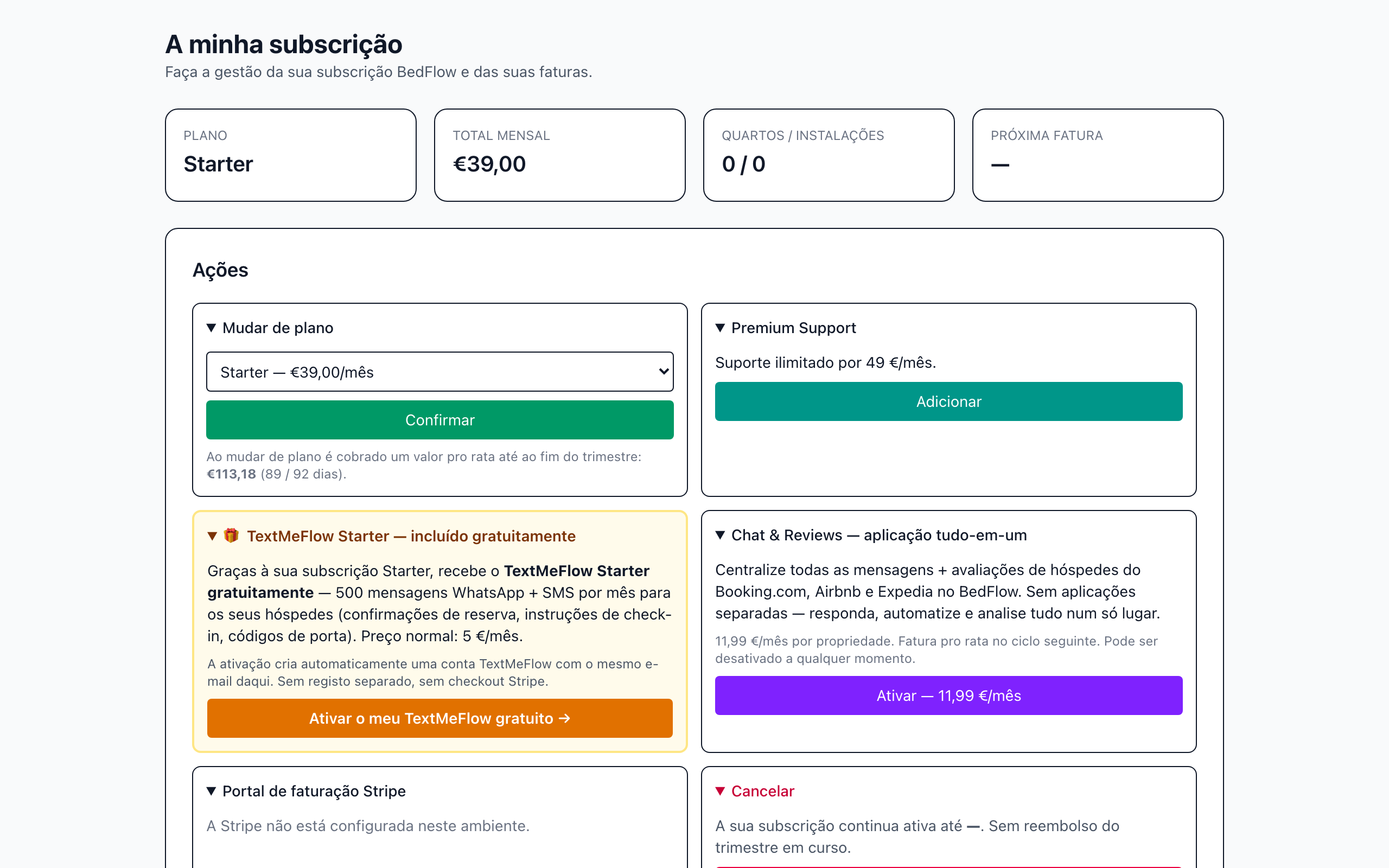 A página A minha subscrição com o plano, o total mensal e as ações