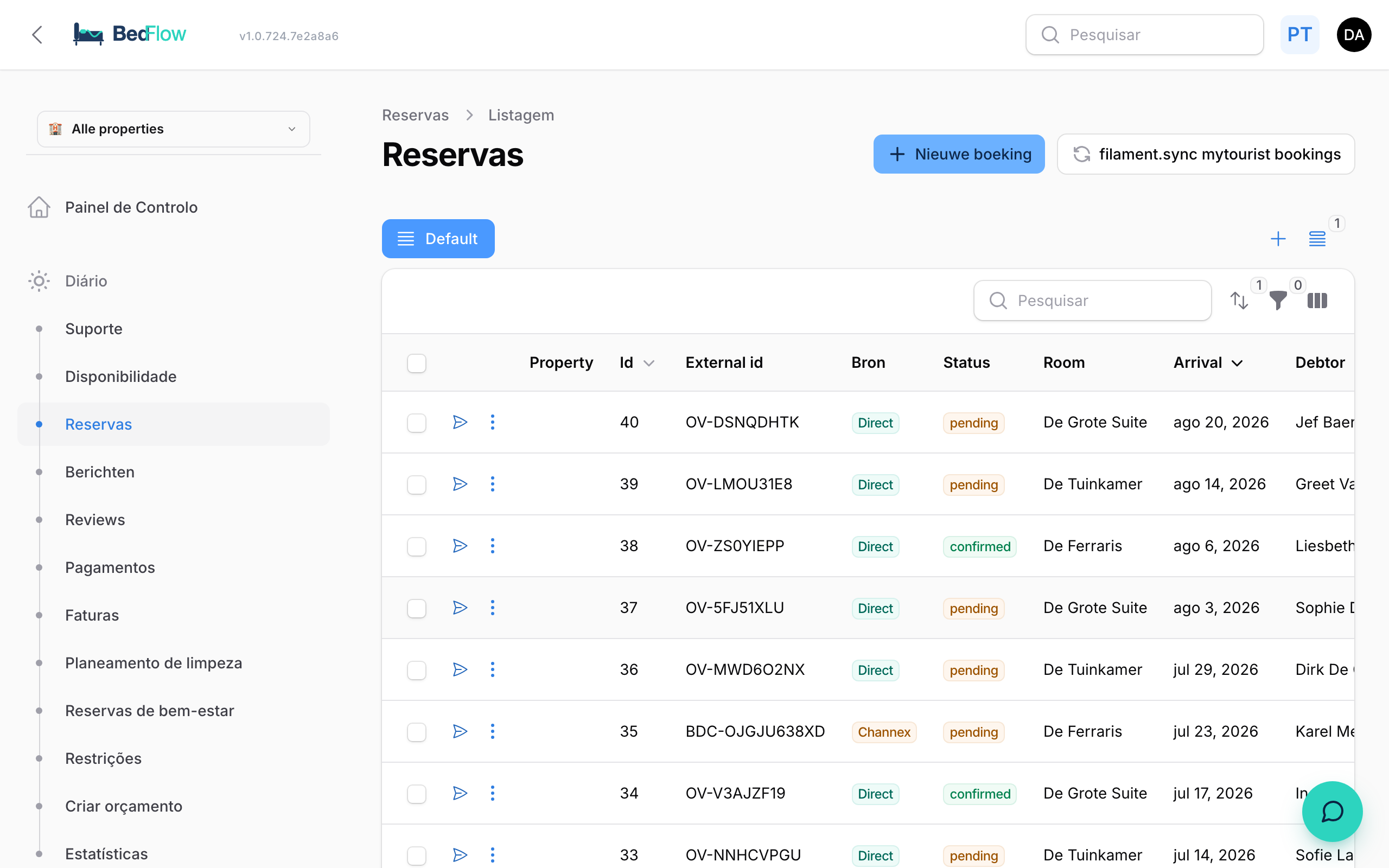 Lista de reservas com filtros rápidos e função de pesquisa