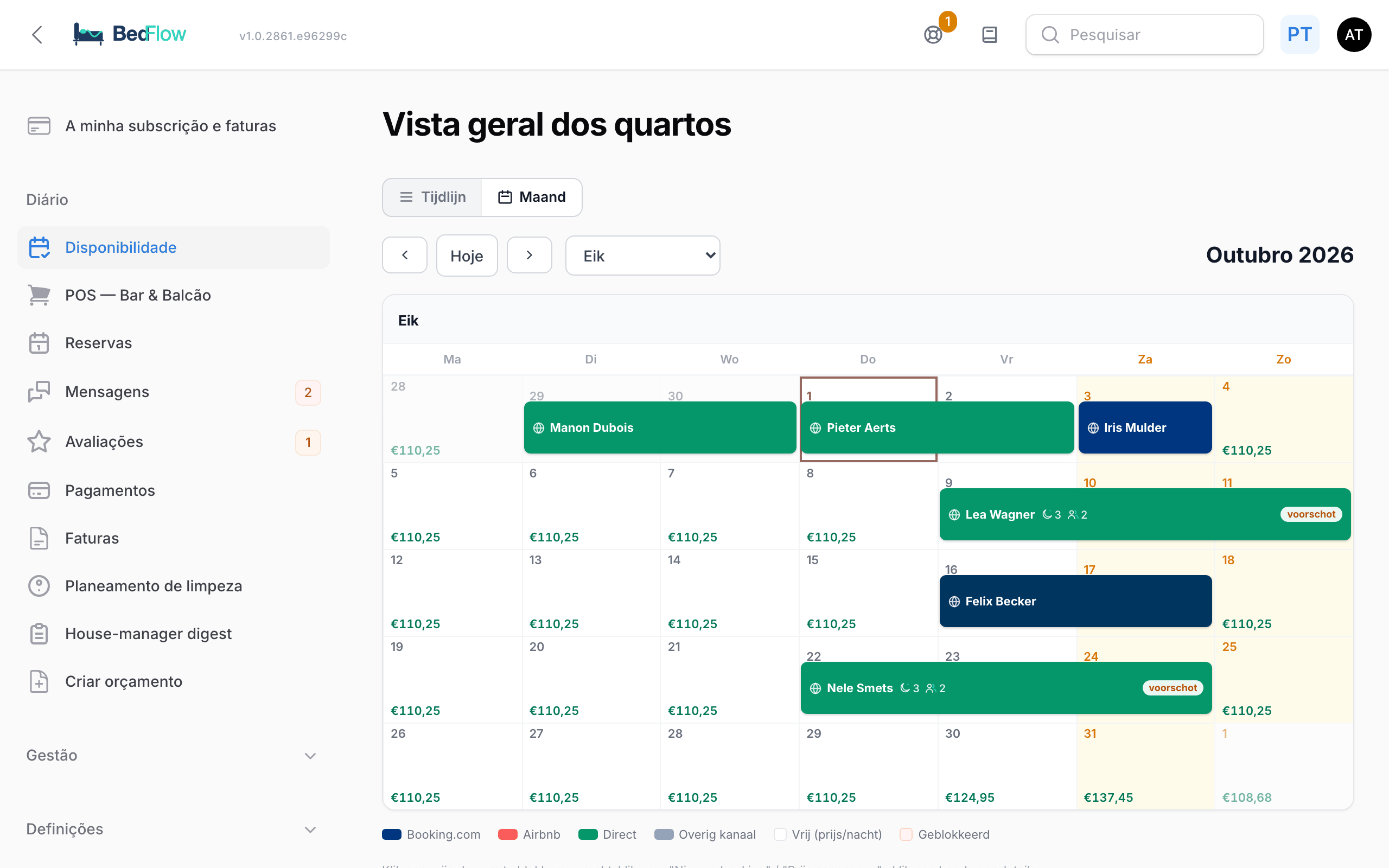 A vista geral dos quartos na vista mensal, com uma faixa por reserva
