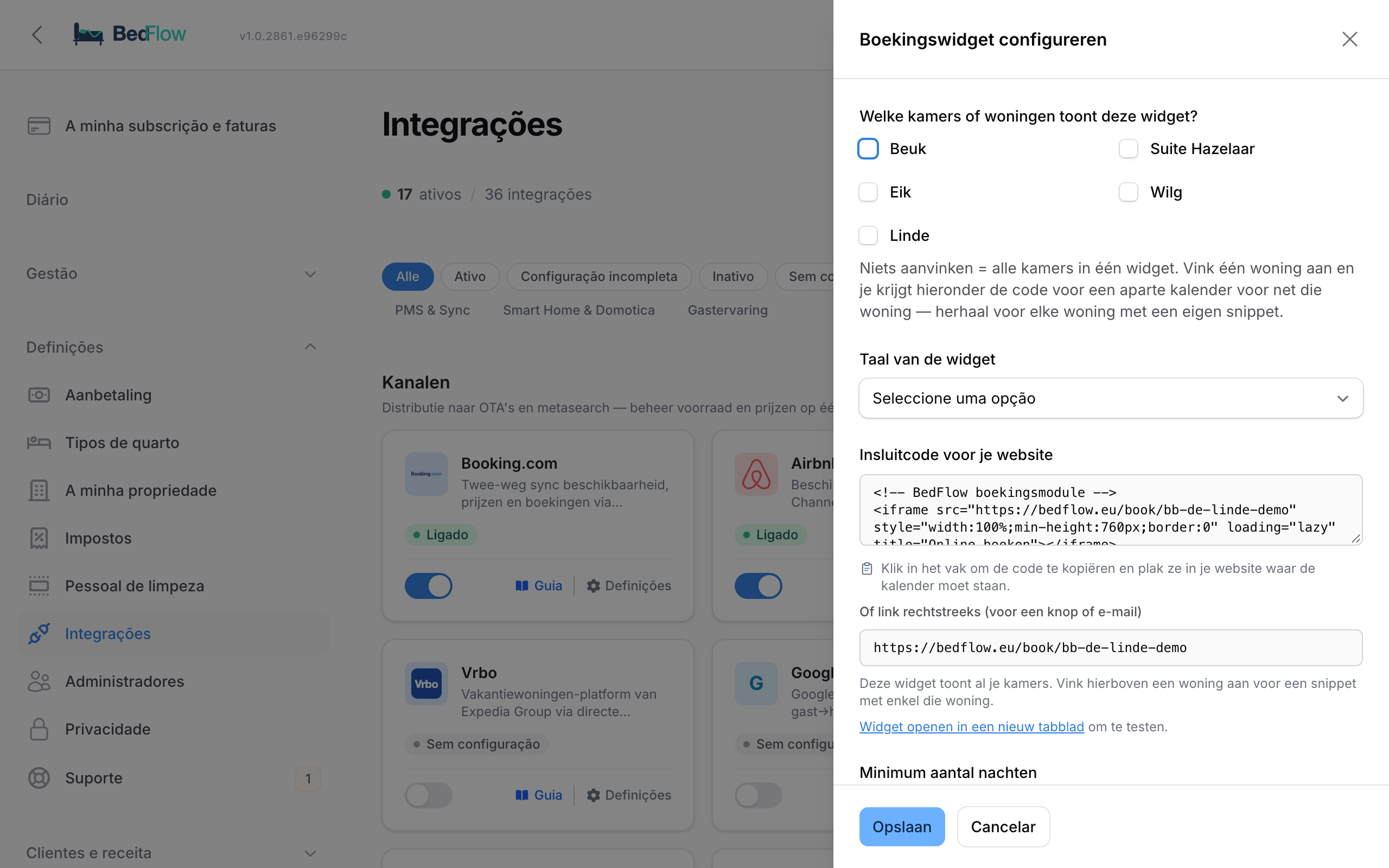 A janela de configuração do Booking Widget com quartos, idioma, código de incorporação e limites de reserva