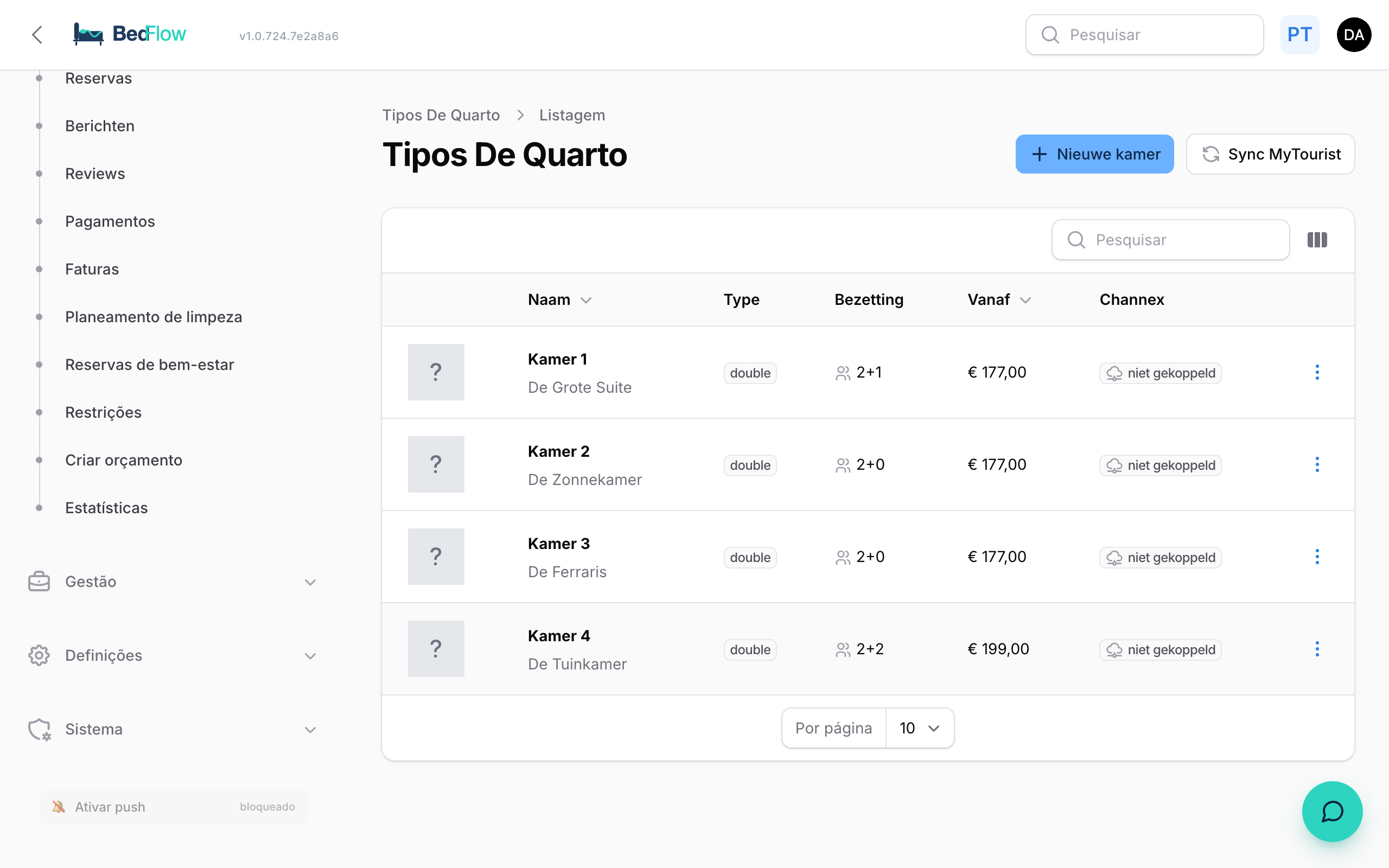 Lista de tipos de quarto no BedFlow