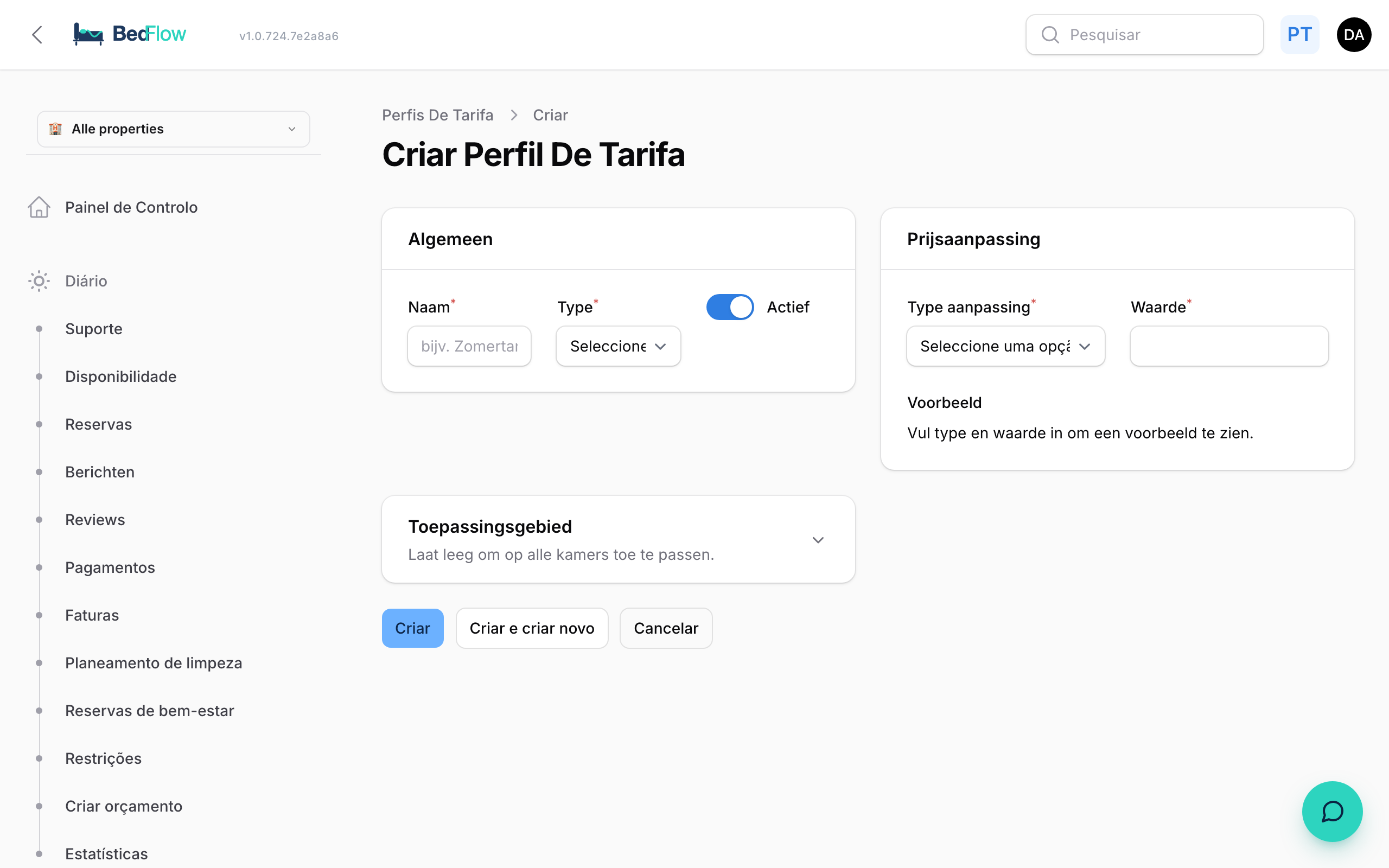 Criar uma regra tarifária — tipo, período e valor ou percentagem