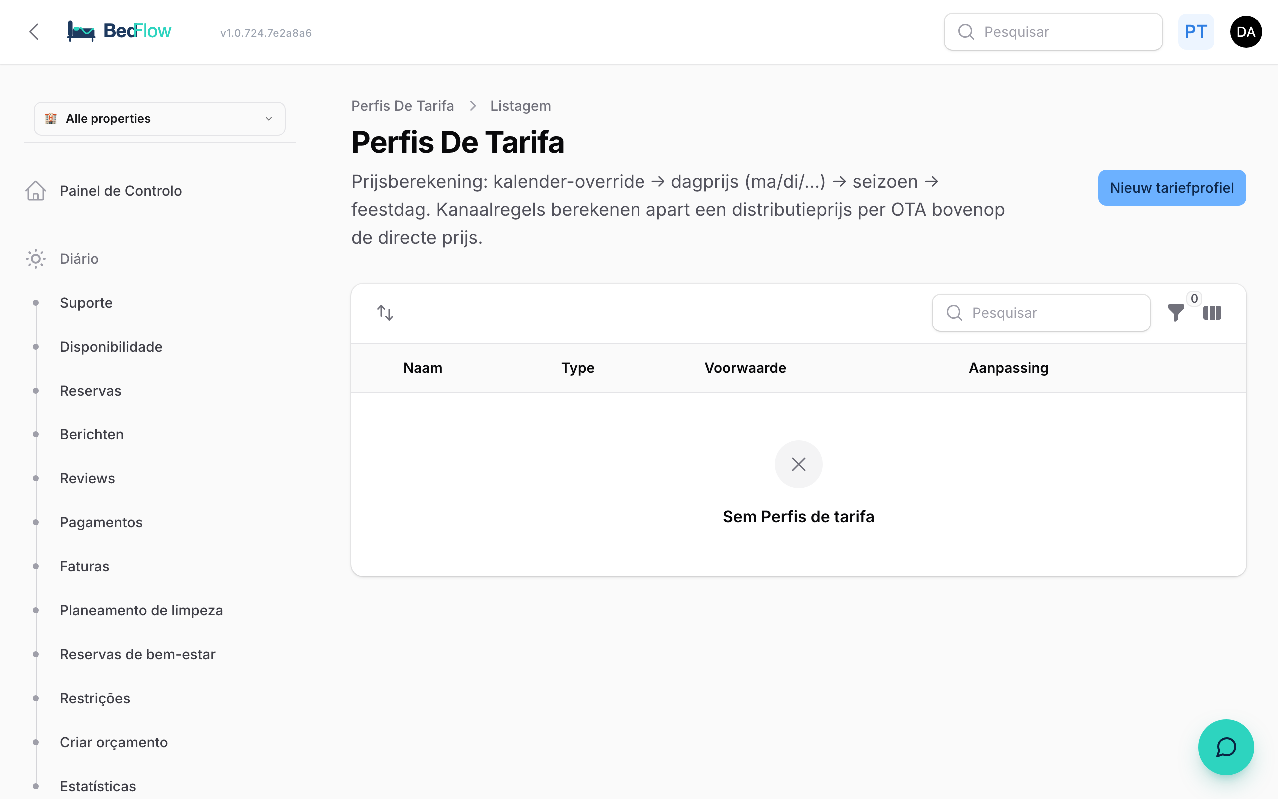 Lista de regras tarifárias — épocas, feriados, markups de canal